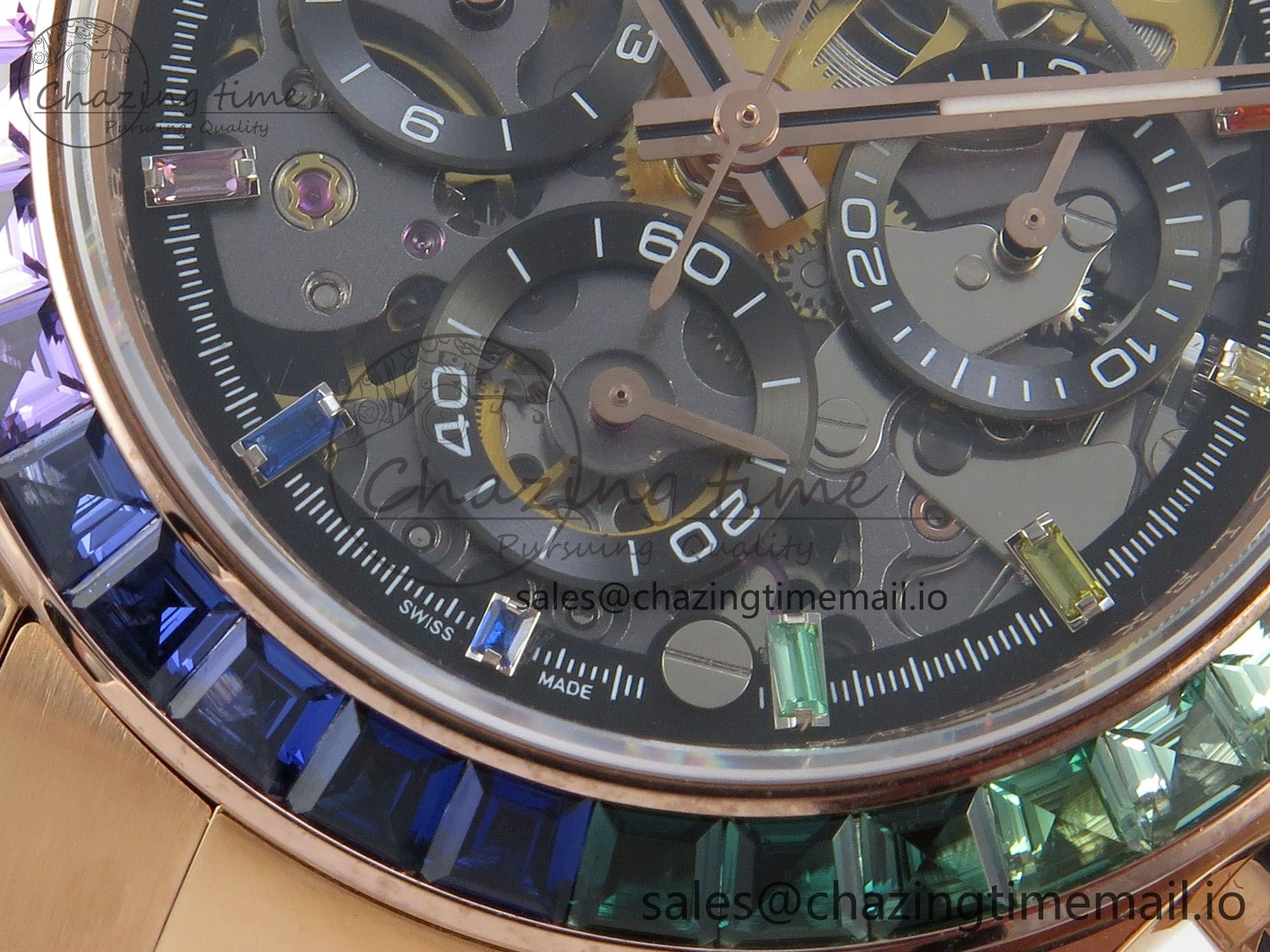 Custom Modded Daytona 40mm MPF Skeleton Dial Rainbow Crystals Bezel on RG Bracelet SA4801