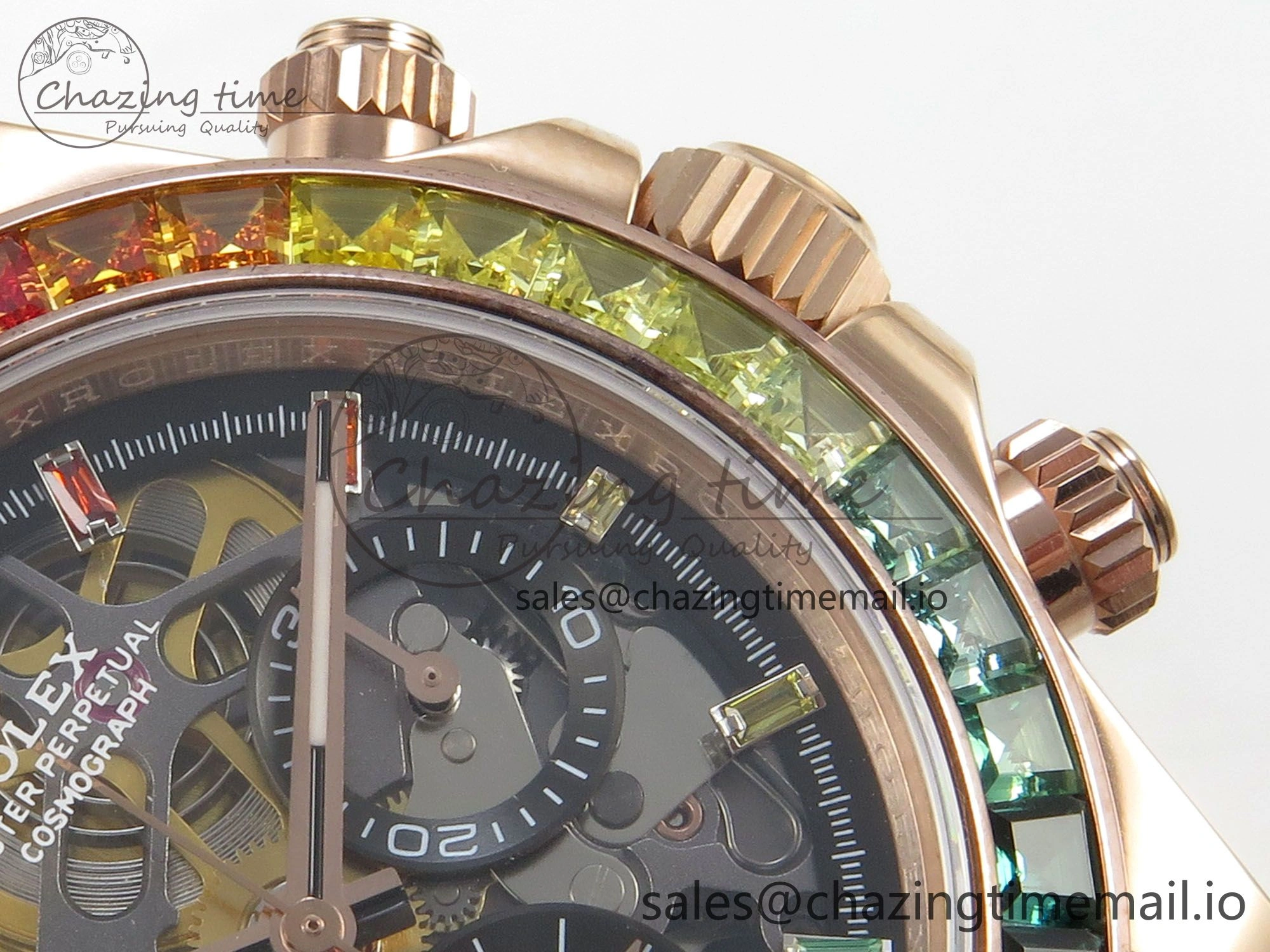 Custom Modded Daytona 40mm MPF Skeleton Dial Rainbow Crystals Bezel on RG Bracelet SA4801