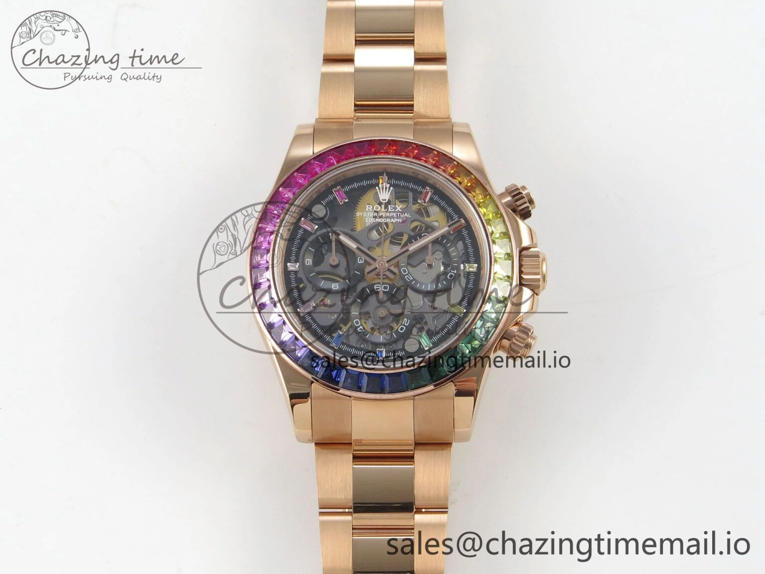 Custom Modded Daytona 40mm MPF Skeleton Dial Rainbow Crystals Bezel on RG Bracelet SA4801