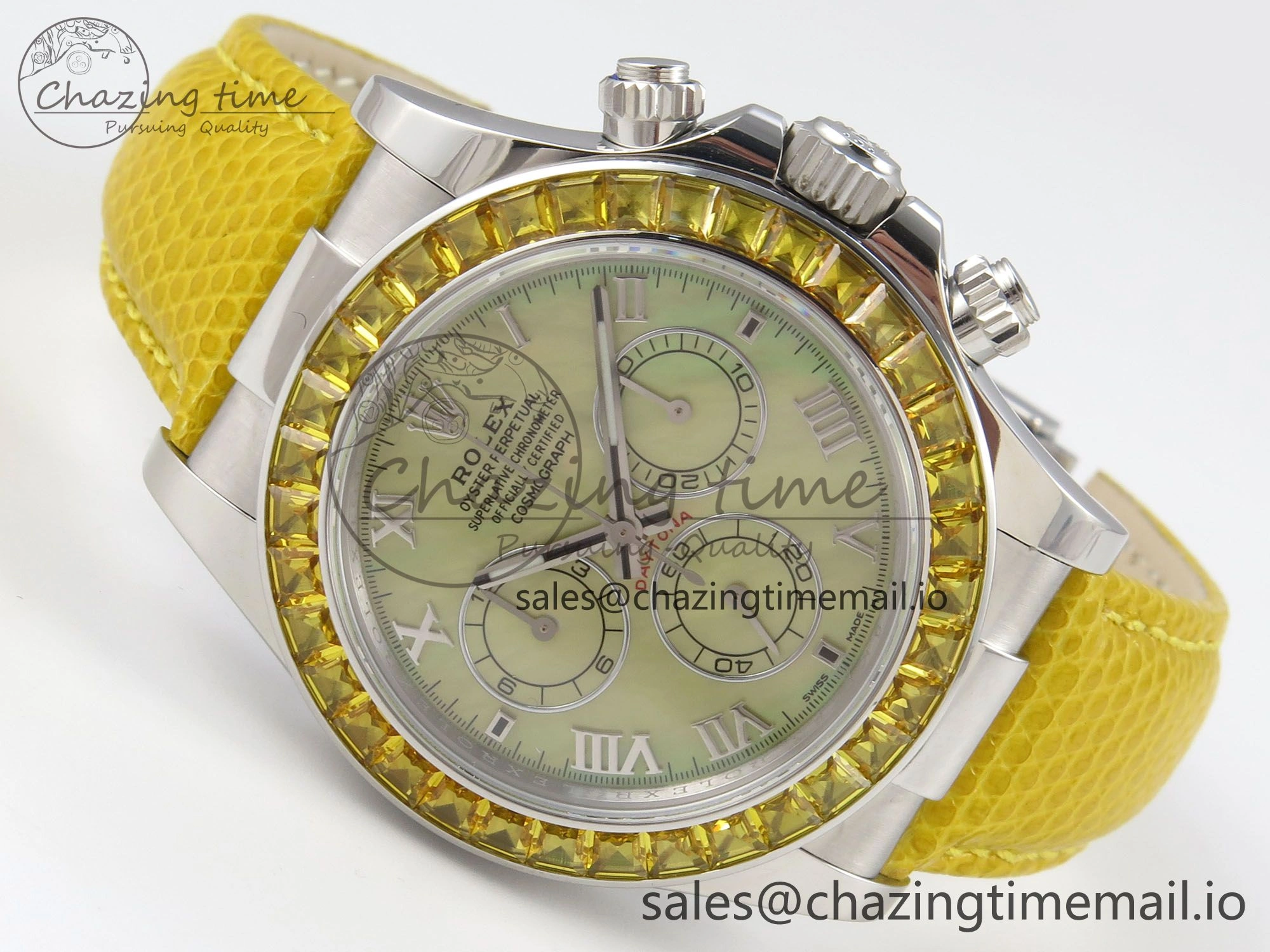 Custom Modded Daytona 40mm MPF Yellow Dial Diamonds Bezel on Yellow Leather Strap SA4801