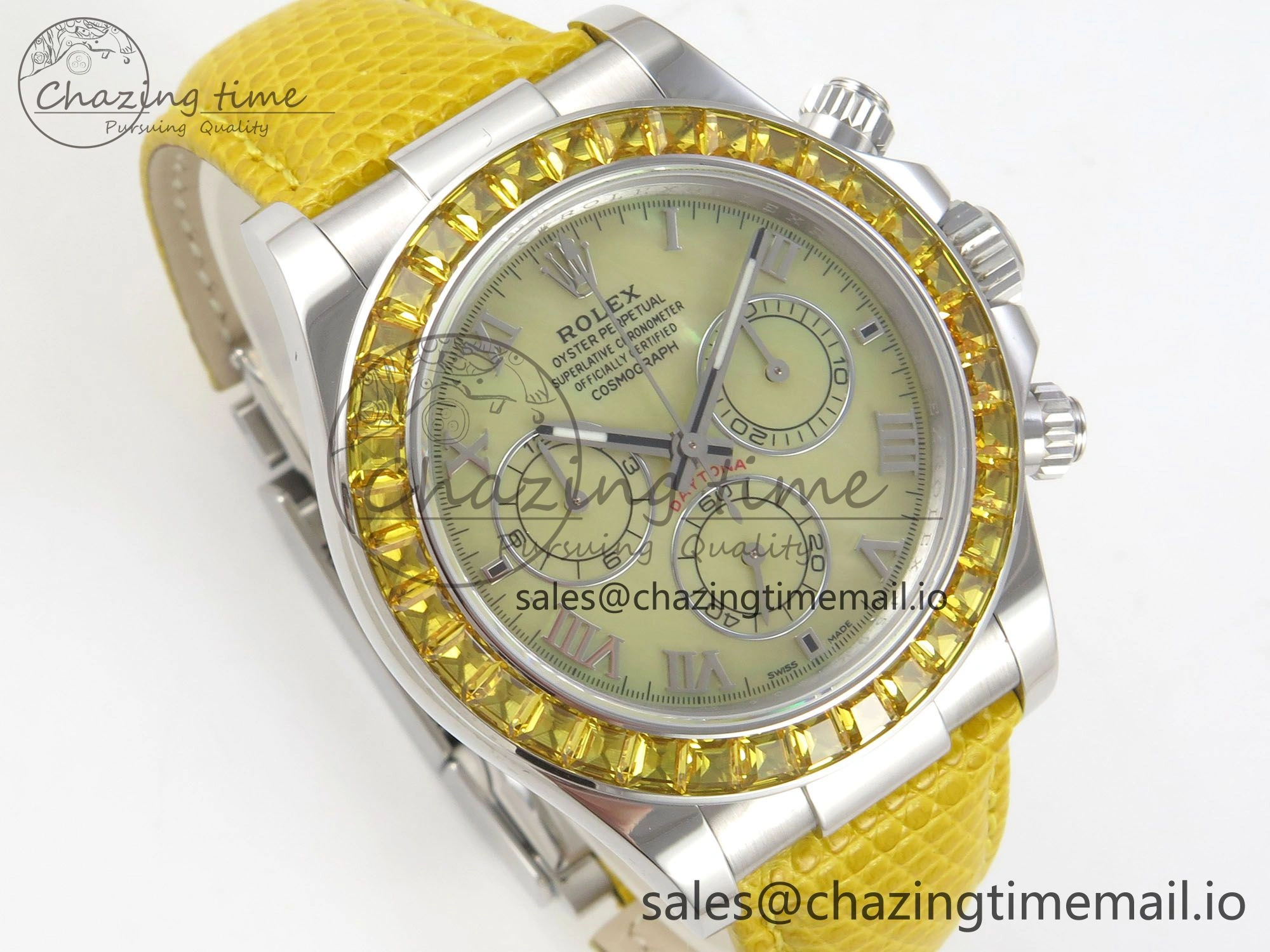 Custom Modded Daytona 40mm MPF Yellow Dial Diamonds Bezel on Yellow Leather Strap SA4801