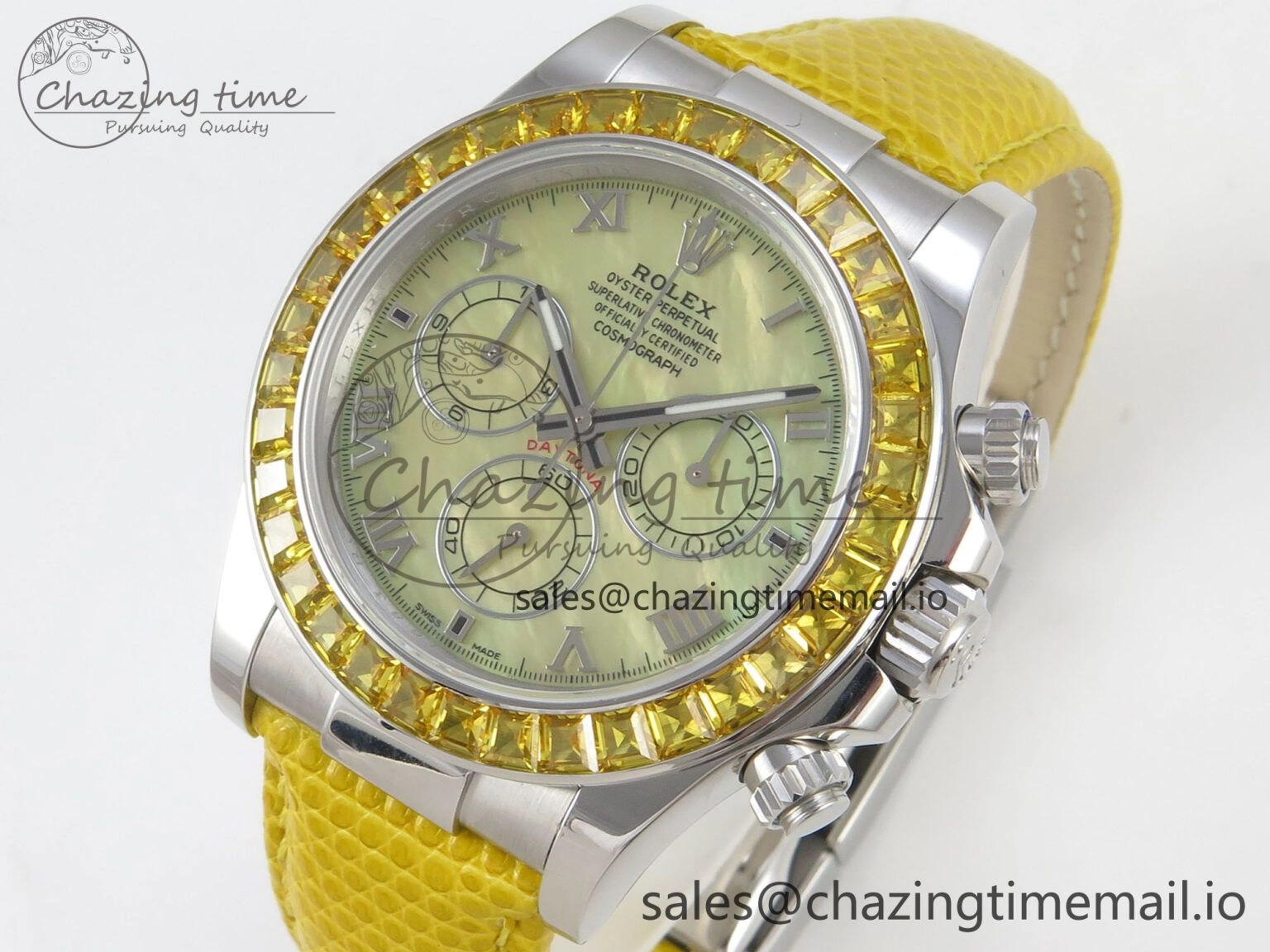Custom Modded Daytona 40mm MPF Yellow Dial Diamonds Bezel on Yellow Leather Strap SA4801