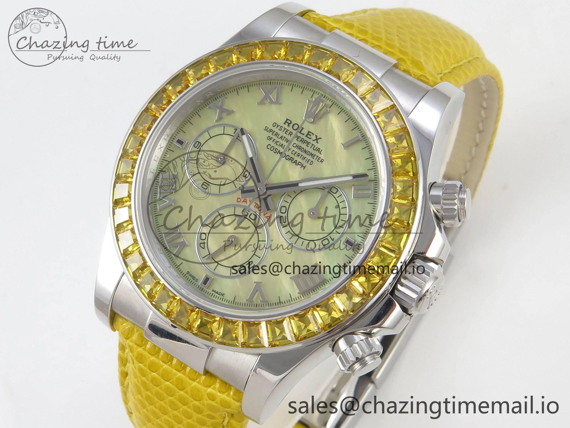 Custom Modded Daytona 40mm MPF Yellow Dial Diamonds Bezel on Yellow Leather Strap SA4801