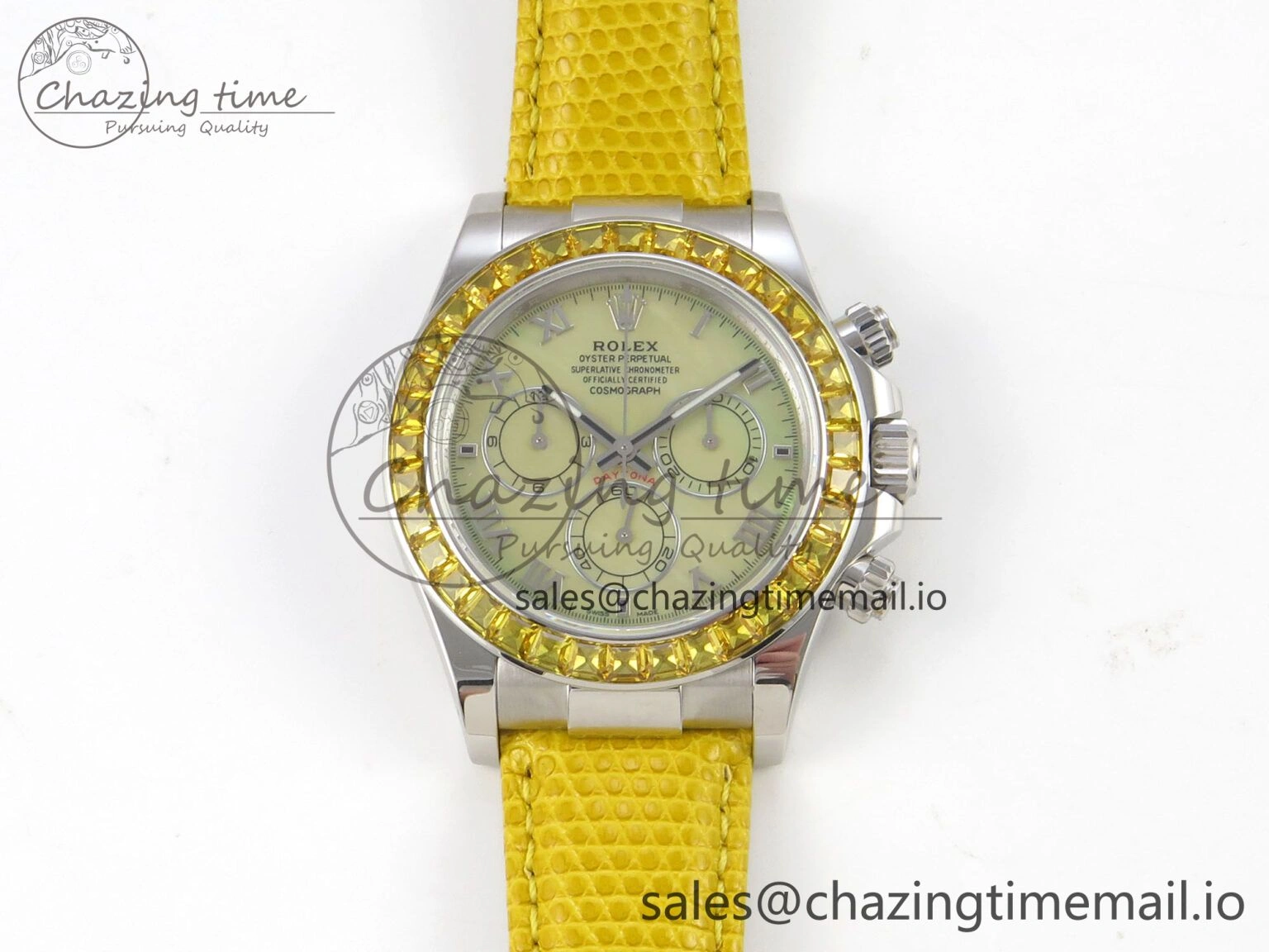 Custom Modded Daytona 40mm MPF Yellow Dial Diamonds Bezel on Yellow Leather Strap SA4801