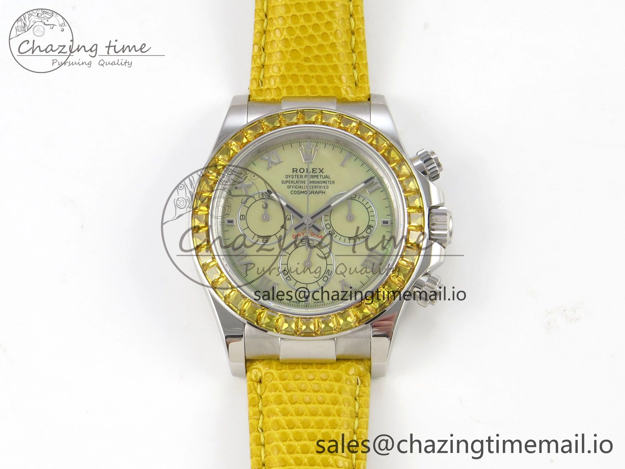 Custom Modded Daytona 40mm MPF Yellow Dial Diamonds Bezel on Yellow Leather Strap SA4801