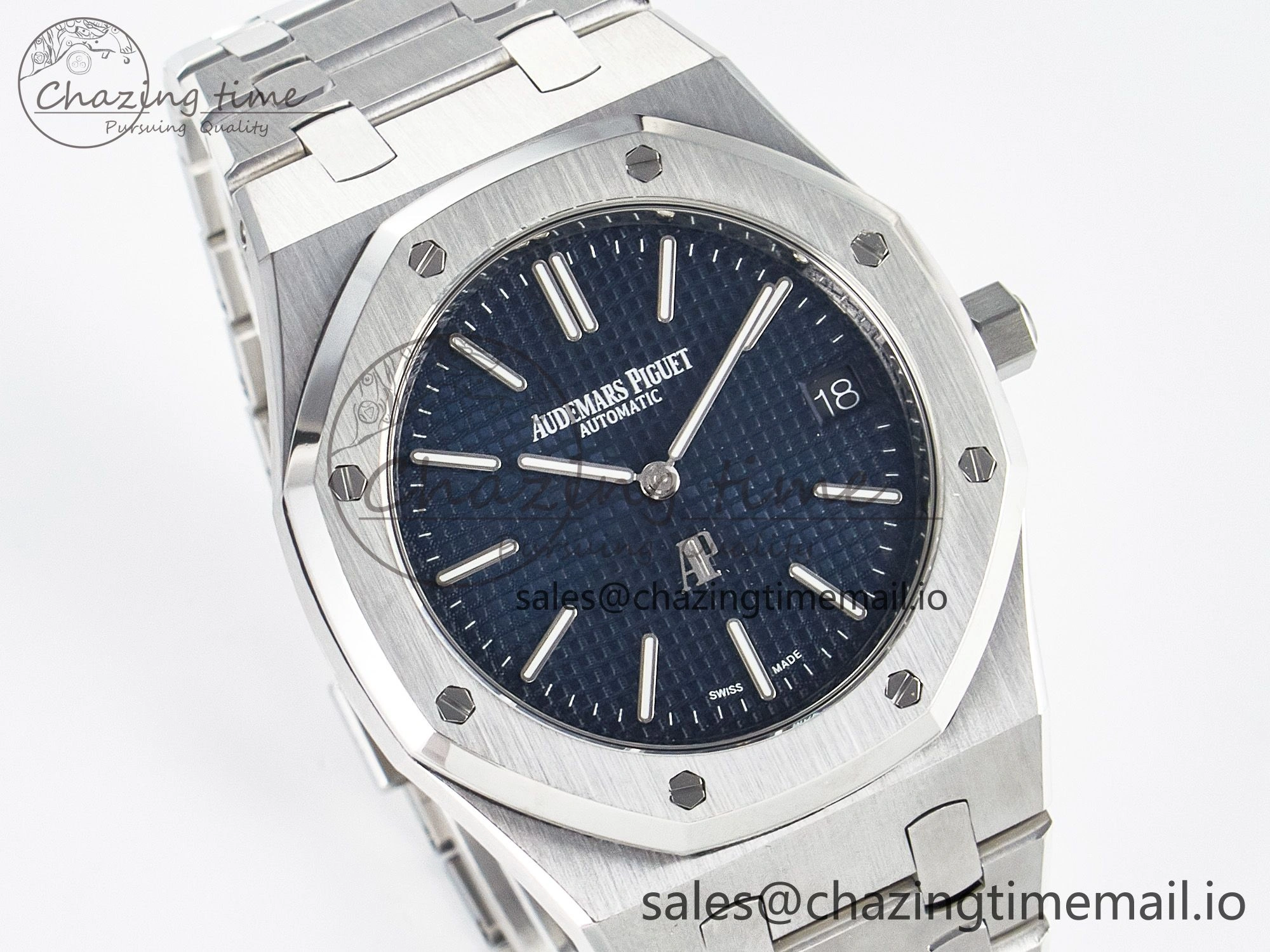 Custom Modded Royal Oak 39mm 15202 SS PPM Blue Textured Dial on SS Bracelet AP2121