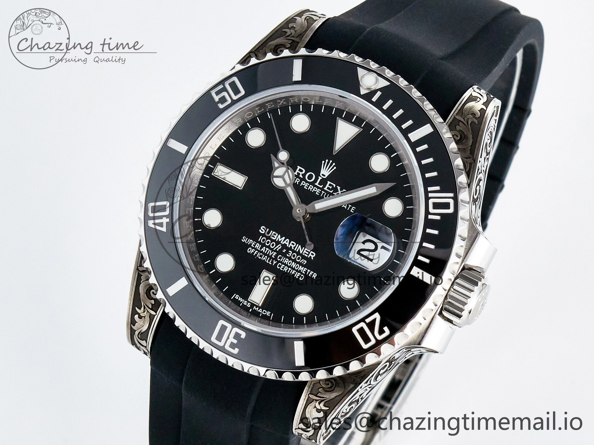 Custom Modded Submariner 40mm Black Ceramic Bezel on Black Rubber Strap 904L Steel MPF SH3135