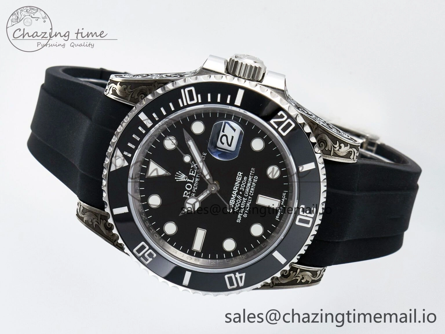 Custom Modded Submariner 40mm Black Ceramic Bezel on Black Rubber Strap 904L Steel MPF SH3135