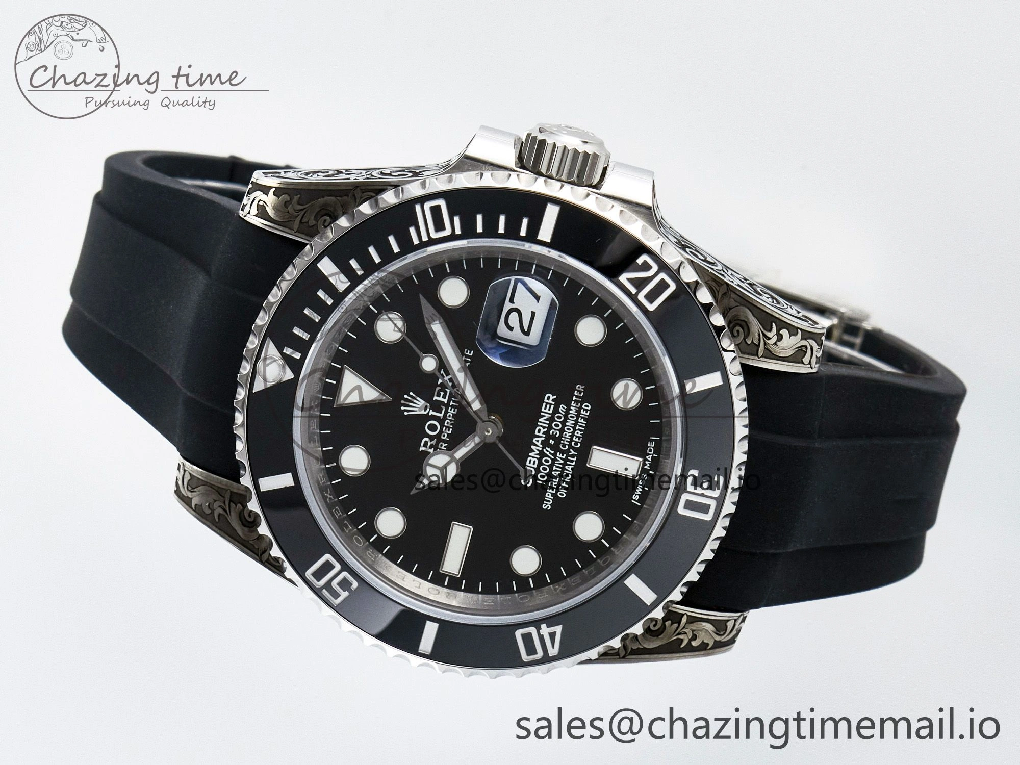 Custom Modded Submariner 40mm Black Ceramic Bezel on Black Rubber Strap 904L Steel MPF SH3135