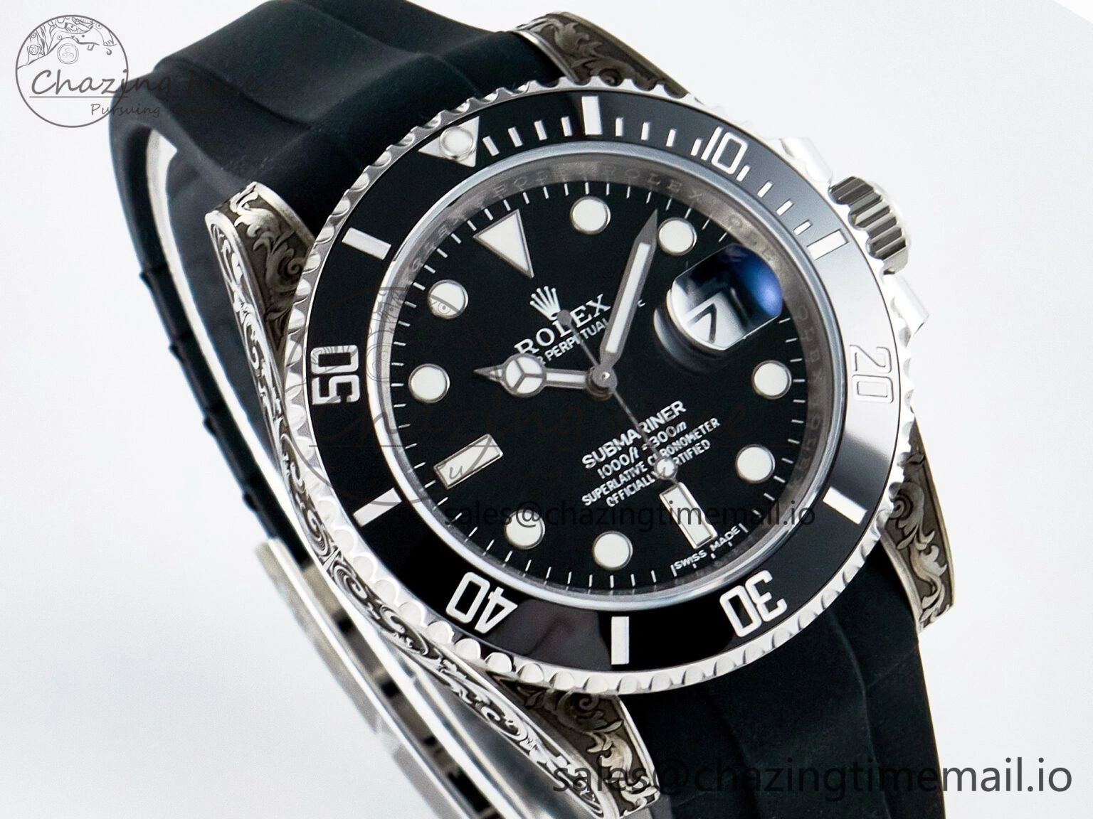 Custom Modded Submariner 40mm Black Ceramic Bezel on Black Rubber Strap 904L Steel MPF SH3135
