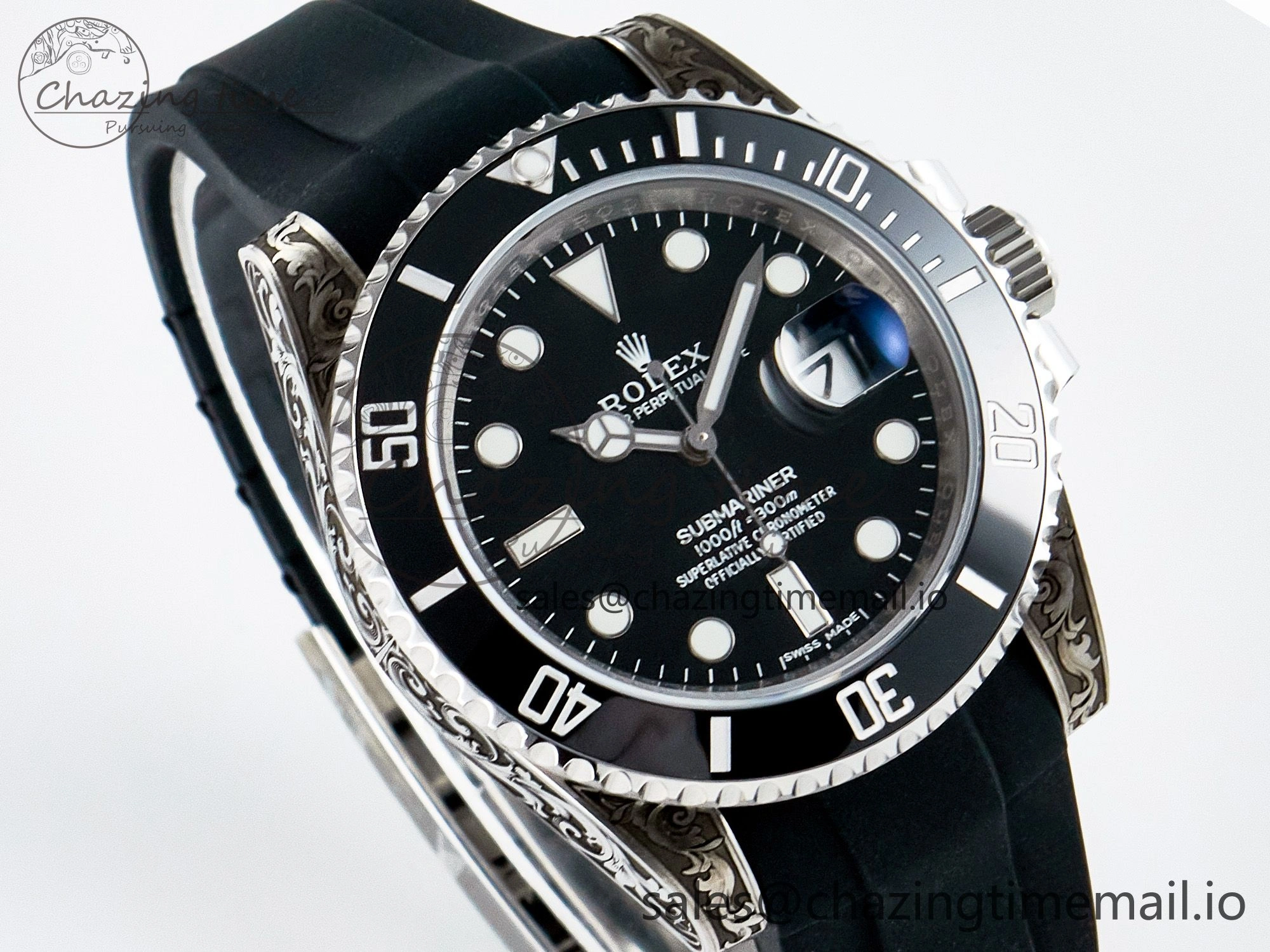Custom Modded Submariner 40mm Black Ceramic Bezel on Black Rubber Strap 904L Steel MPF SH3135