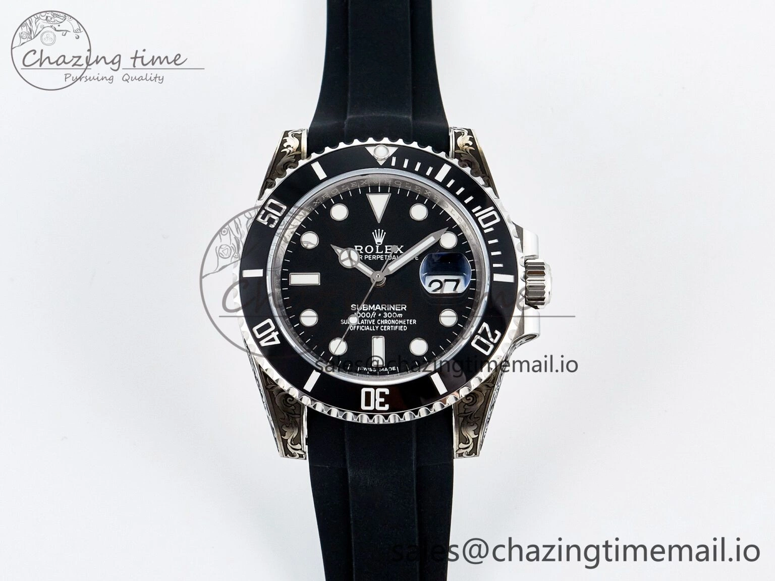 Custom Modded Submariner 40mm Black Ceramic Bezel on Black Rubber Strap 904L Steel MPF SH3135