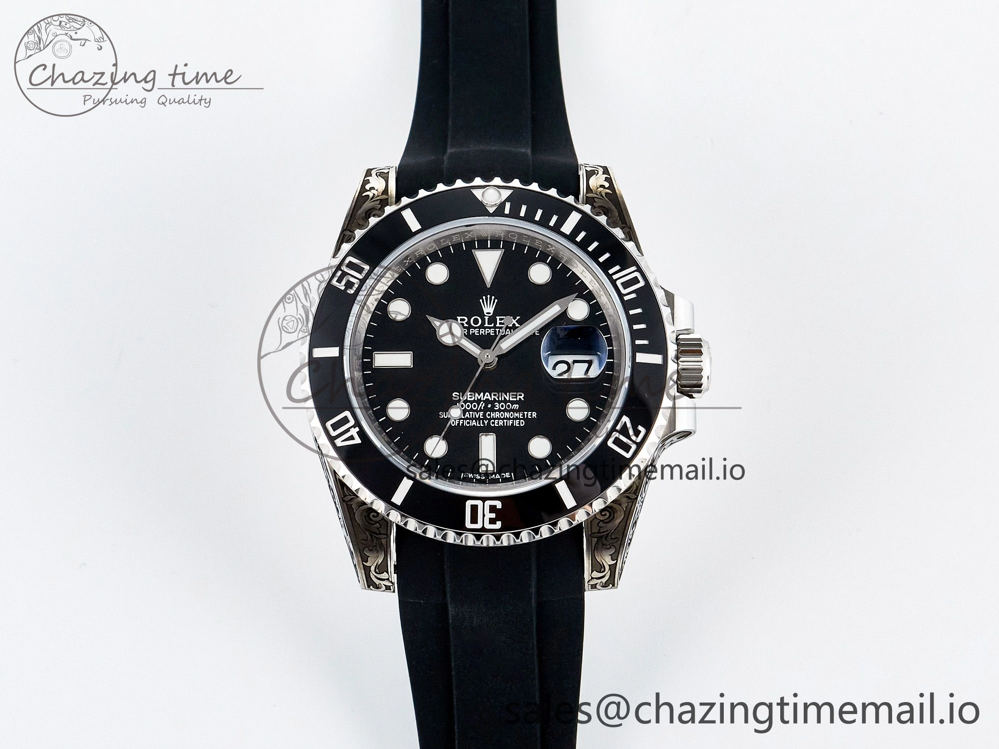 Custom Modded Submariner 40mm Black Ceramic Bezel on Black Rubber Strap 904L Steel MPF SH3135