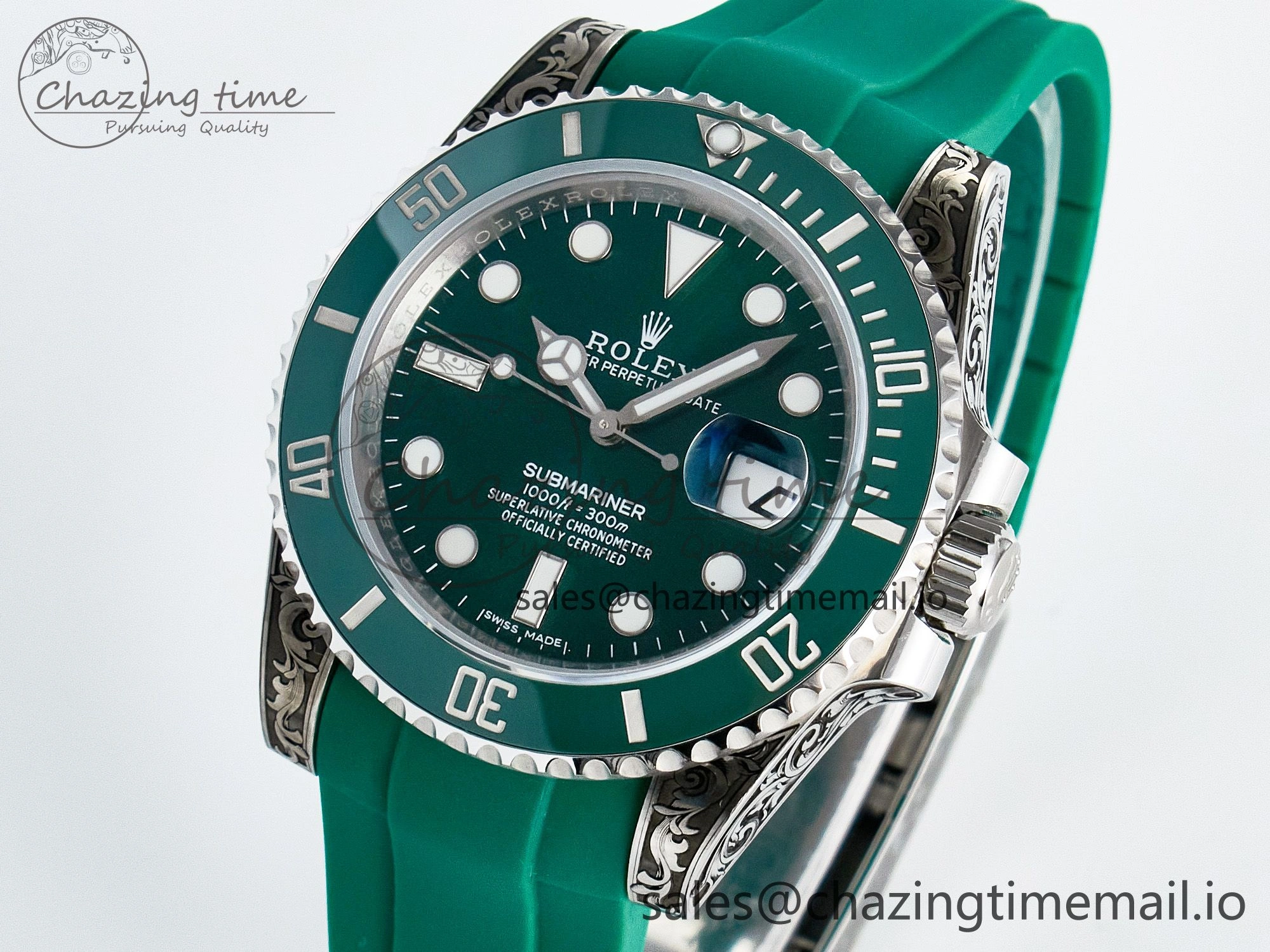 Custom Modded Submariner 40mm Green Ceramic Bezel on Green Rubber Strap 904L Steel MPF SH3135