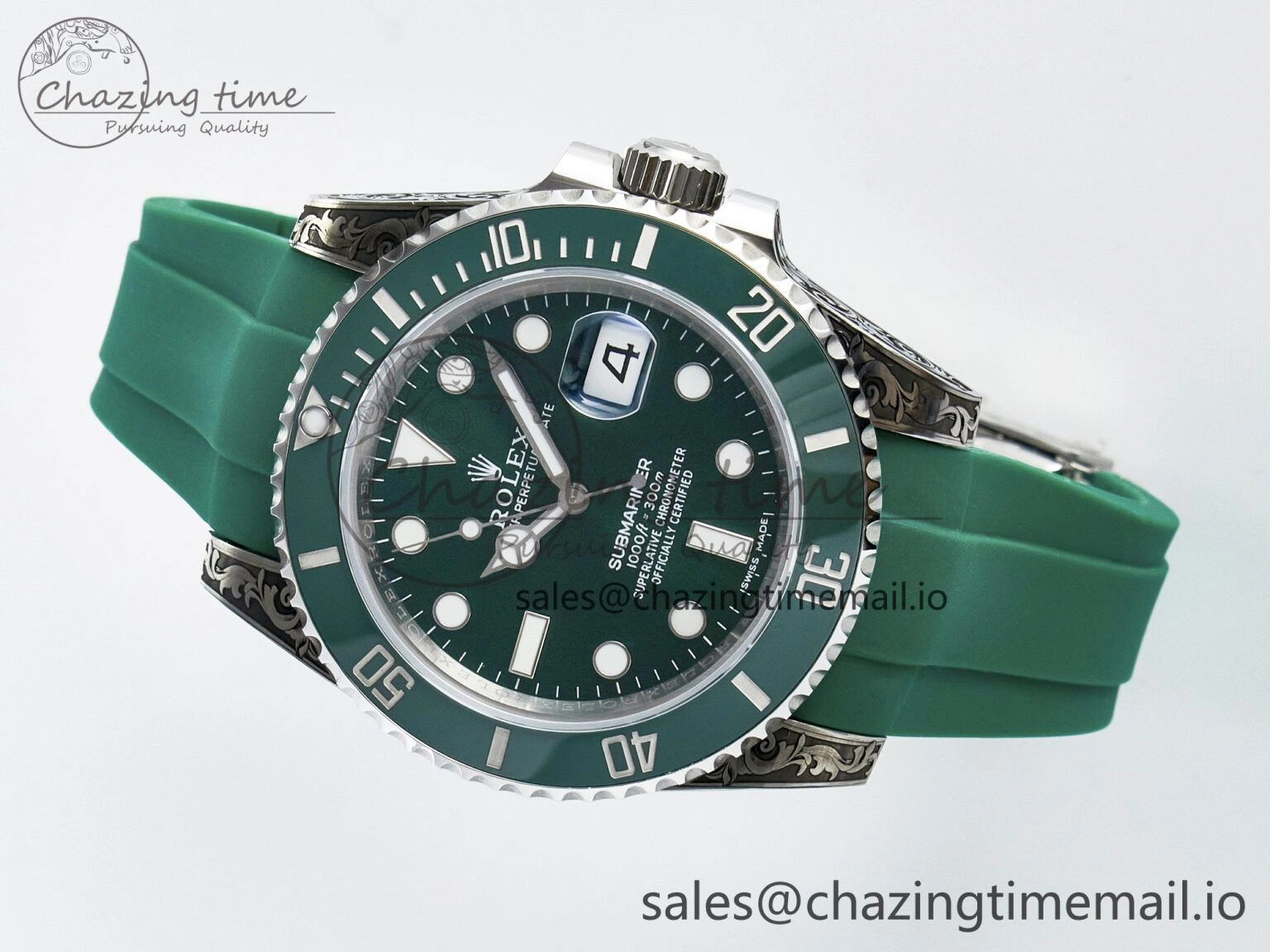 Custom Modded Submariner 40mm Green Ceramic Bezel on Green Rubber Strap 904L Steel MPF SH3135