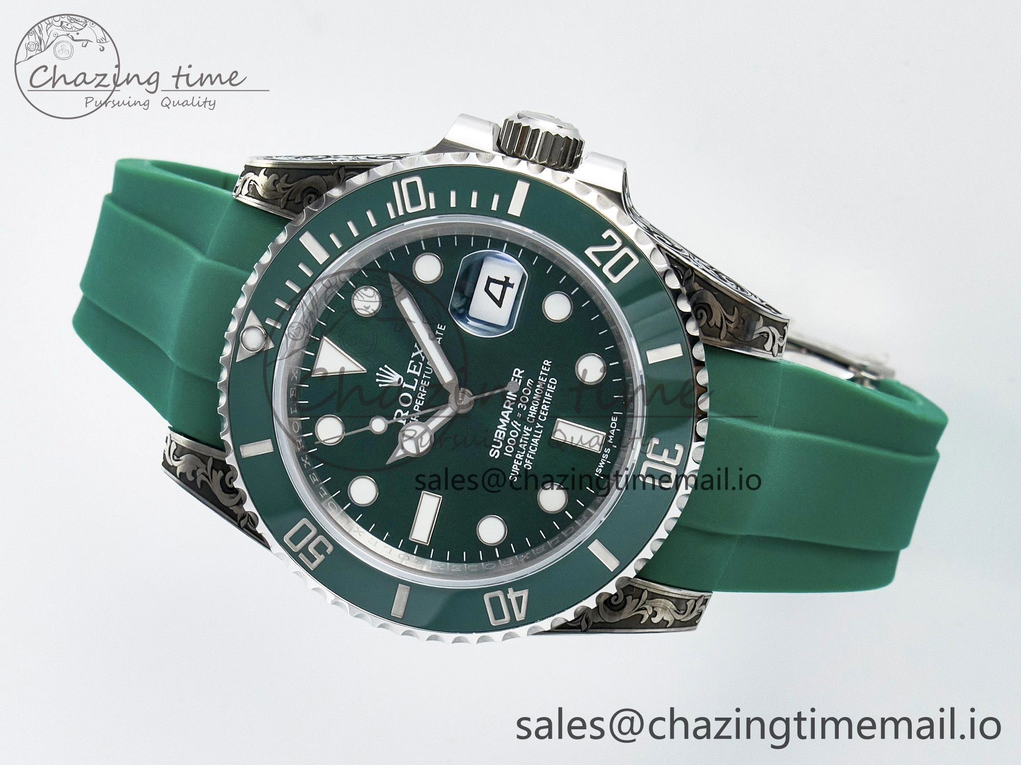 Custom Modded Submariner 40mm Green Ceramic Bezel on Green Rubber Strap 904L Steel MPF SH3135