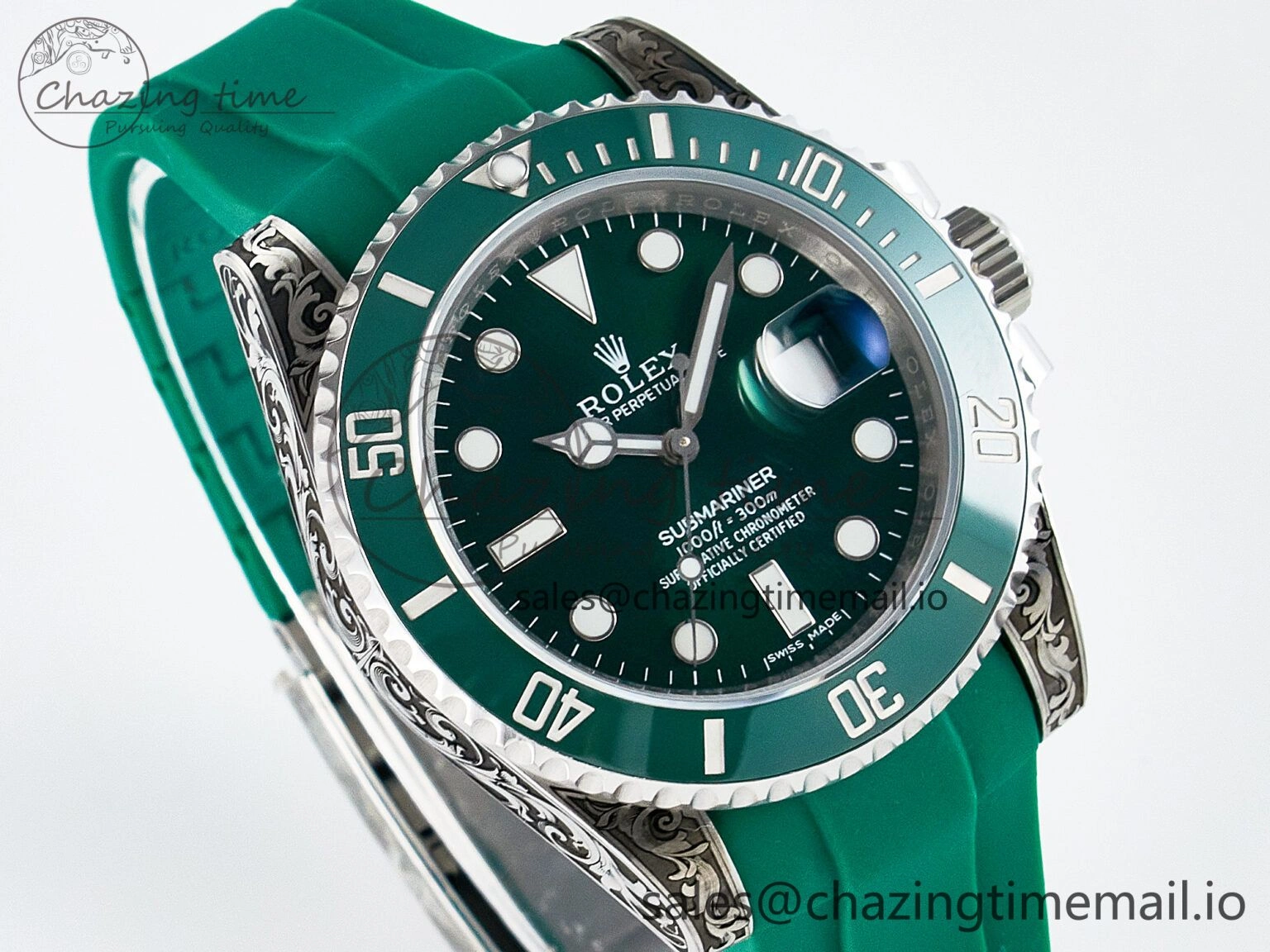 Custom Modded Submariner 40mm Green Ceramic Bezel on Green Rubber Strap 904L Steel MPF SH3135