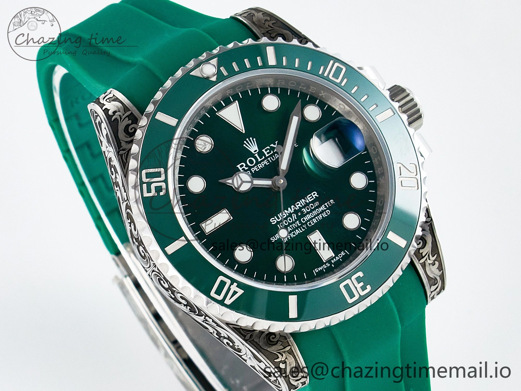 Custom Modded Submariner 40mm Green Ceramic Bezel on Green Rubber Strap 904L Steel MPF SH3135