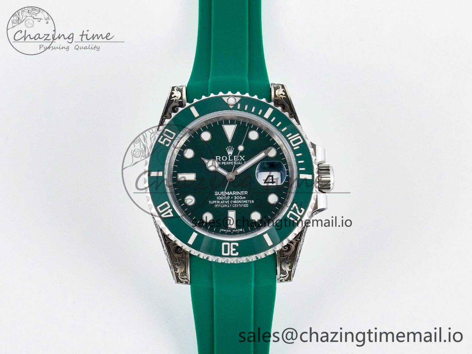 Custom Modded Submariner 40mm Green Ceramic Bezel on Green Rubber Strap 904L Steel MPF SH3135