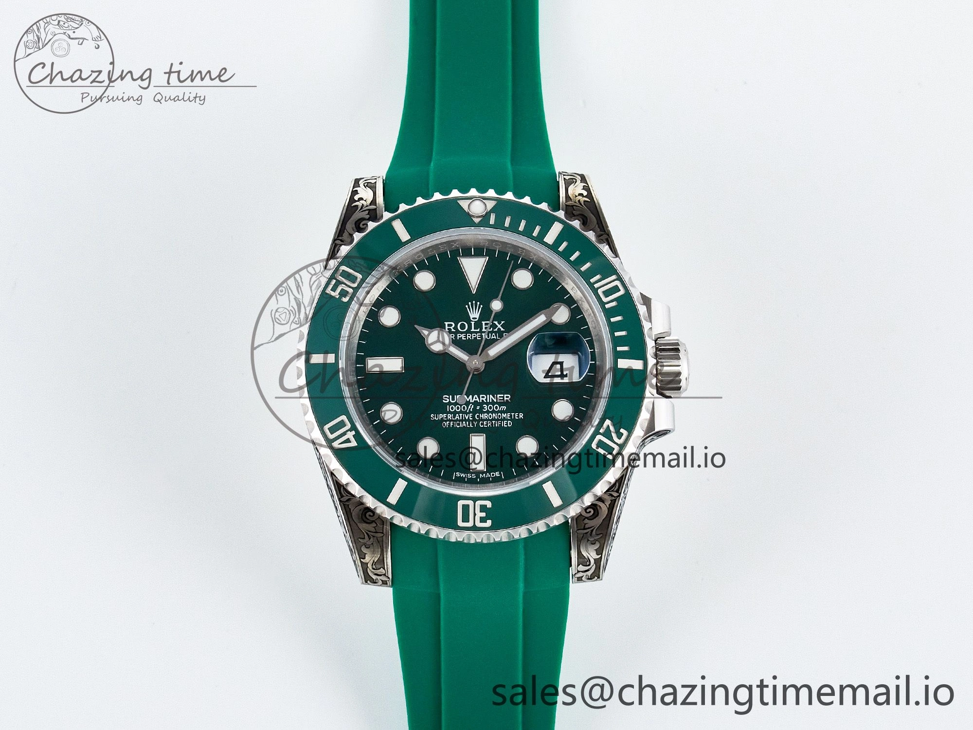 Custom Modded Submariner 40mm Green Ceramic Bezel on Green Rubber Strap 904L Steel MPF SH3135