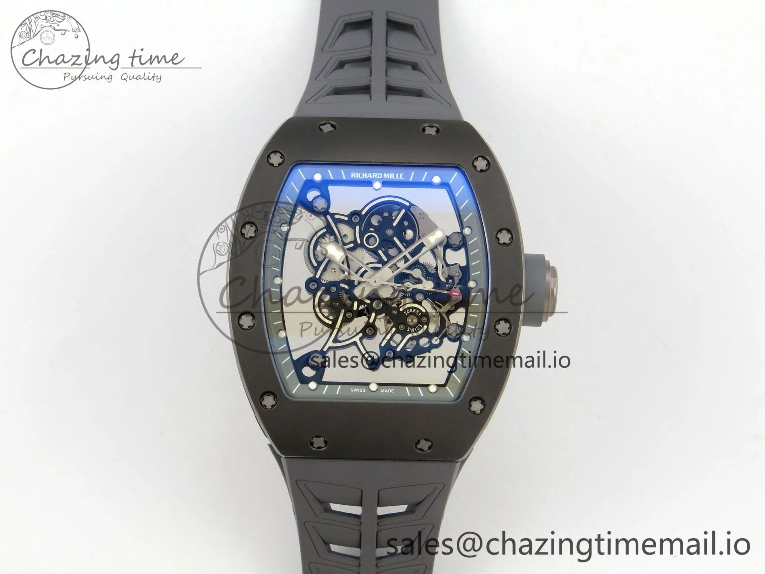 Custom RM055 Black Ceramic ZGF Best Edition Gray Inner Bezel on Gray Rubber Strap Vaucher Manufacture Fleurier Movement (Free Sprung)