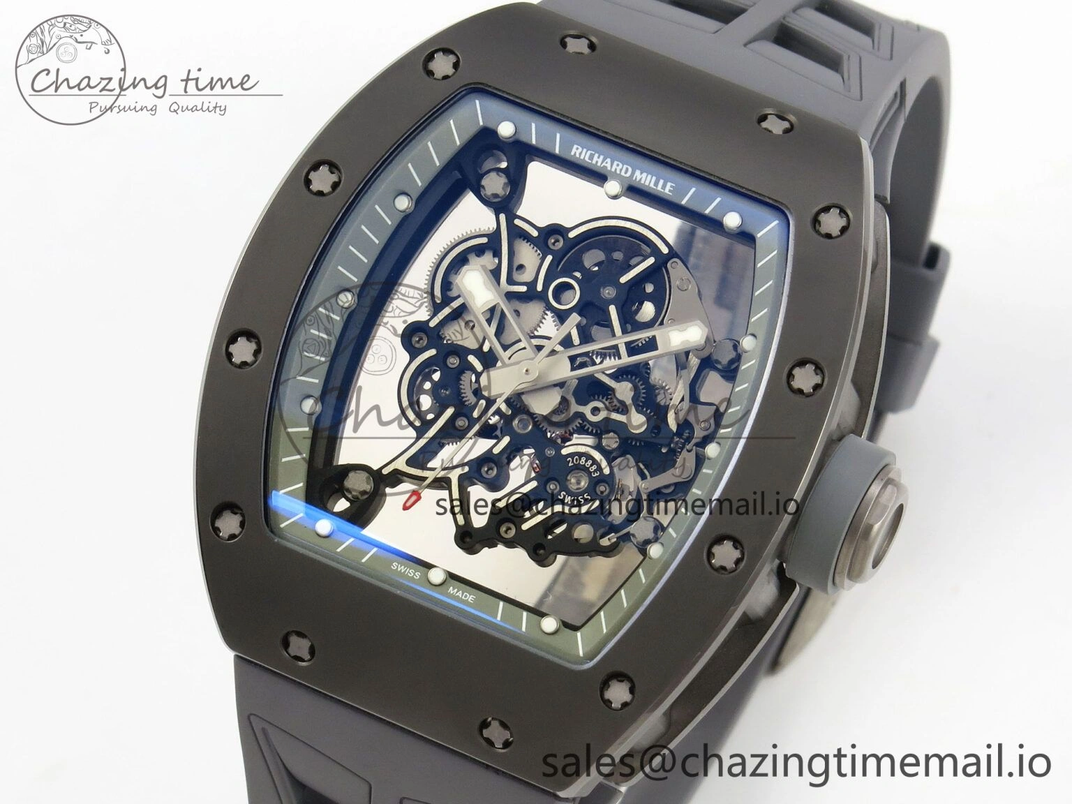 Custom RM055 Black Ceramic ZGF Best Edition Gray Inner Bezel on Gray Rubber Strap Vaucher Manufacture Fleurier Movement (Free Sprung)