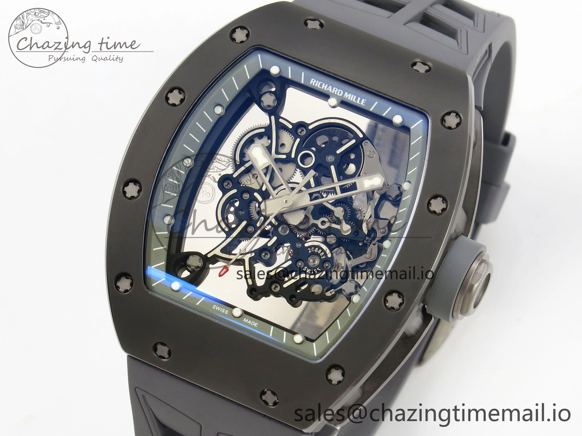 Custom RM055 Black Ceramic ZGF Best Edition Gray Inner Bezel on Gray Rubber Strap Vaucher Manufacture Fleurier Movement (Free Sprung)