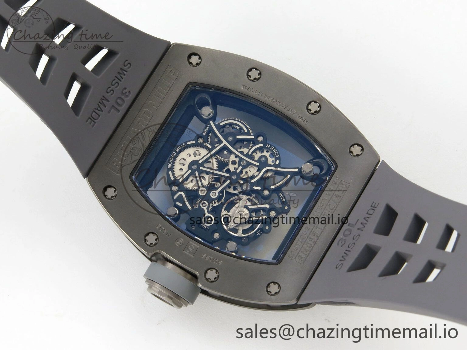 Custom RM055 Black Ceramic ZGF Best Edition Gray Inner Bezel on Gray Rubber Strap Vaucher Manufacture Fleurier Movement (Free Sprung)
