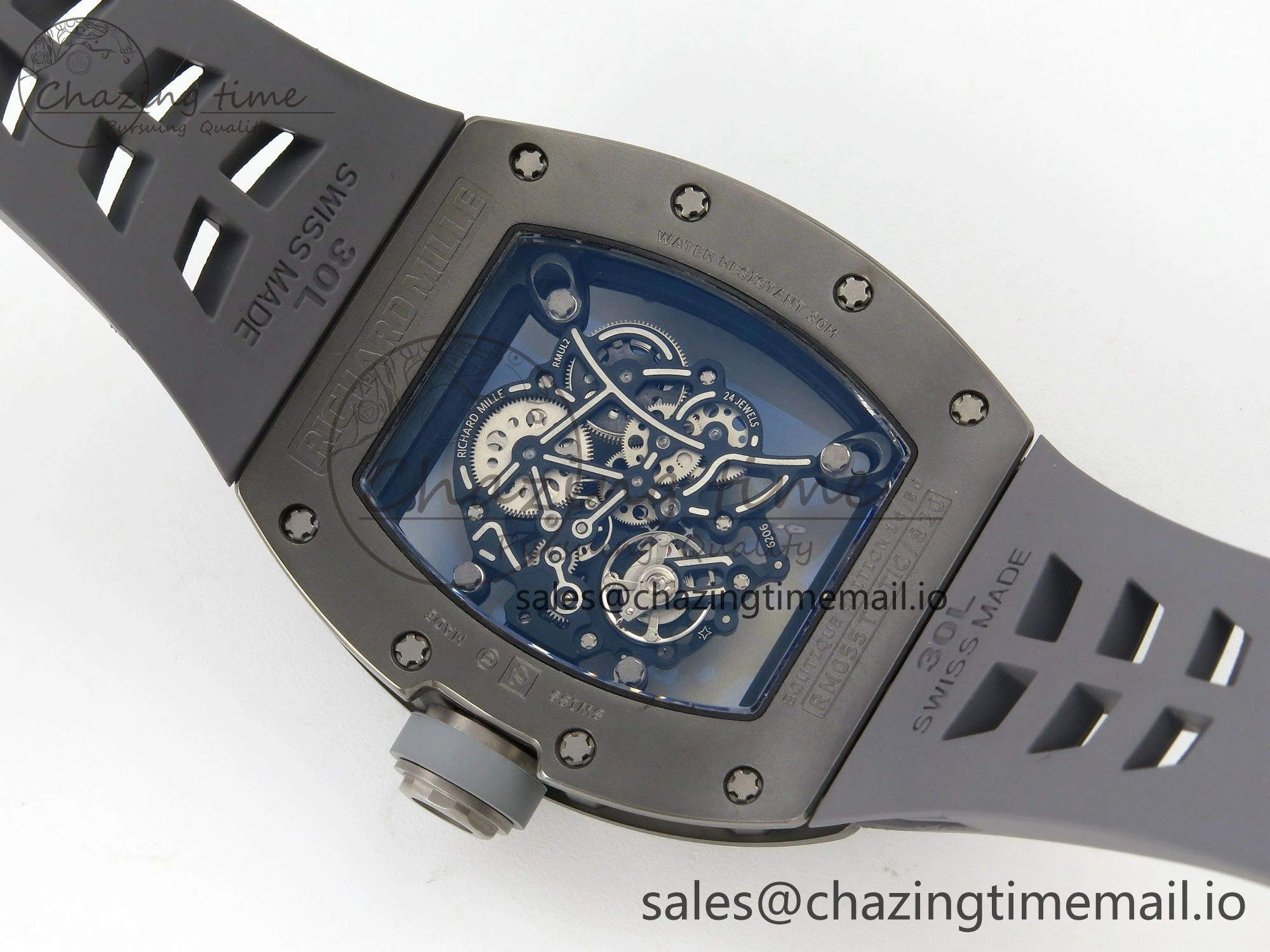 Custom RM055 Black Ceramic ZGF Best Edition Gray Inner Bezel on Gray Rubber Strap Vaucher Manufacture Fleurier Movement (Free Sprung)