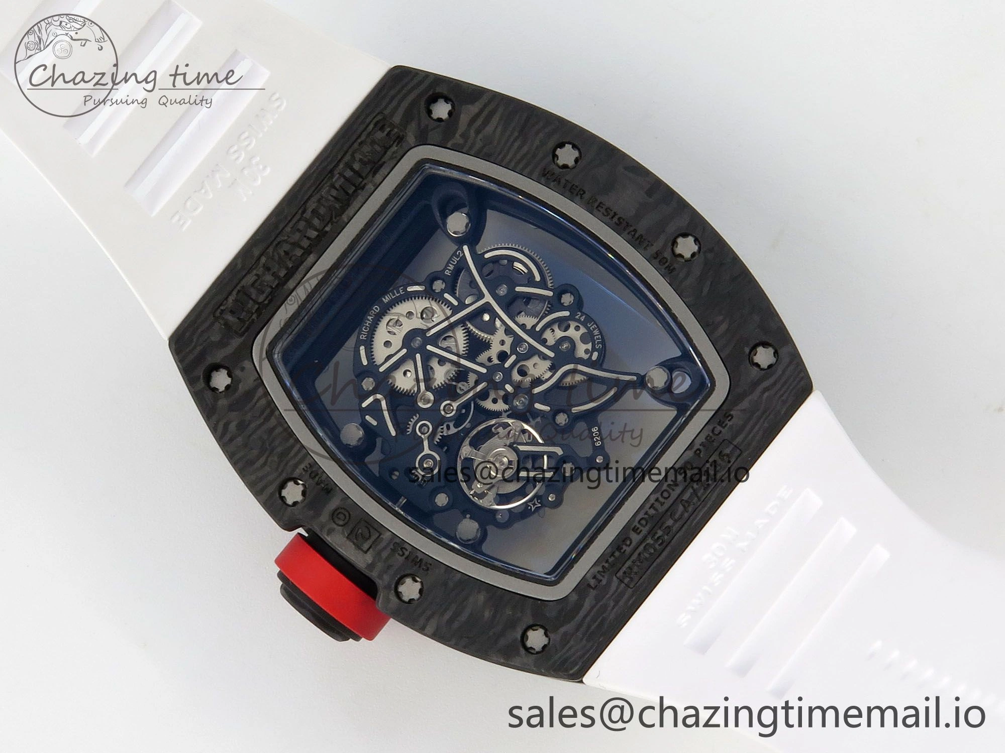 Custom RM055 Black Ceramic ZGF Best Edition White Inner Bezel on White Rubber Strap Vaucher Manufacture Fleurier Movement (Free Sprung)