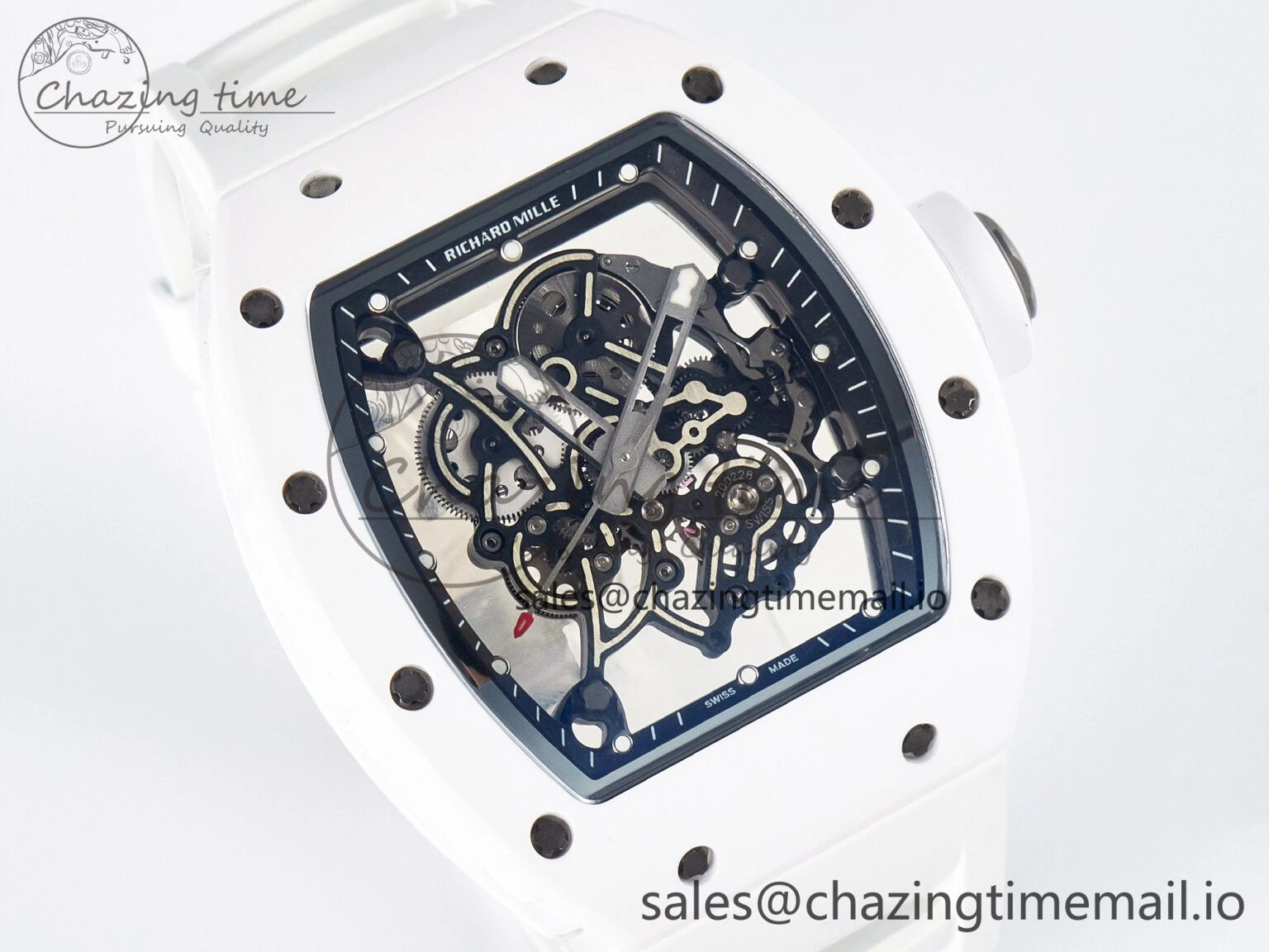 Custom RM055 White Ceramic APSF 1:1 Best Edition Black Bezel White Crown on Rubber Strap Custom Vaucher Movement