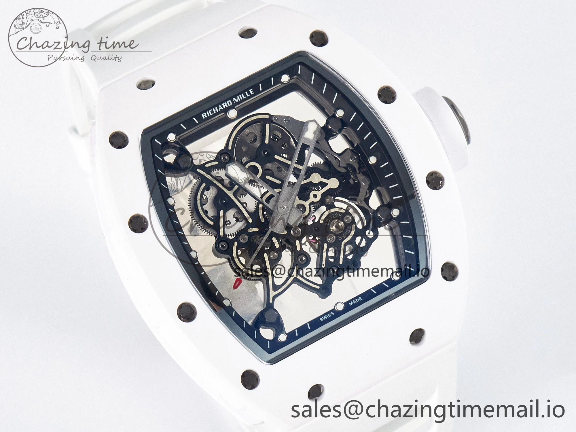 Custom RM055 White Ceramic APSF 1:1 Best Edition Black Bezel White Crown on Rubber Strap Custom Vaucher Movement