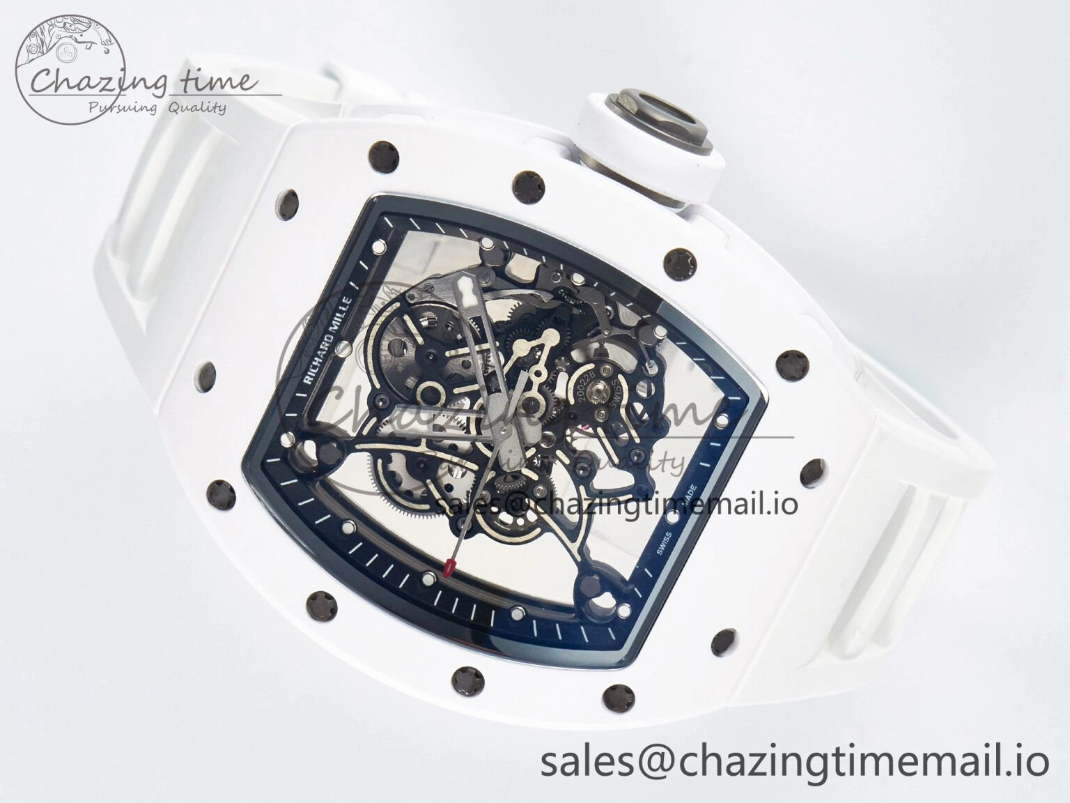 Custom RM055 White Ceramic APSF 1:1 Best Edition Black Bezel White Crown on Rubber Strap Custom Vaucher Movement