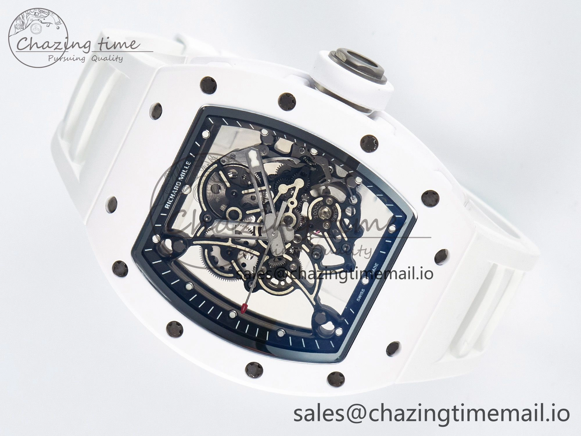Custom RM055 White Ceramic APSF 1:1 Best Edition Black Bezel White Crown on Rubber Strap Custom Vaucher Movement