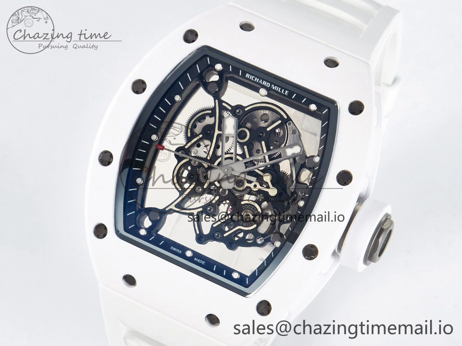 Custom RM055 White Ceramic APSF 1:1 Best Edition Black Bezel White Crown on Rubber Strap Custom Vaucher Movement