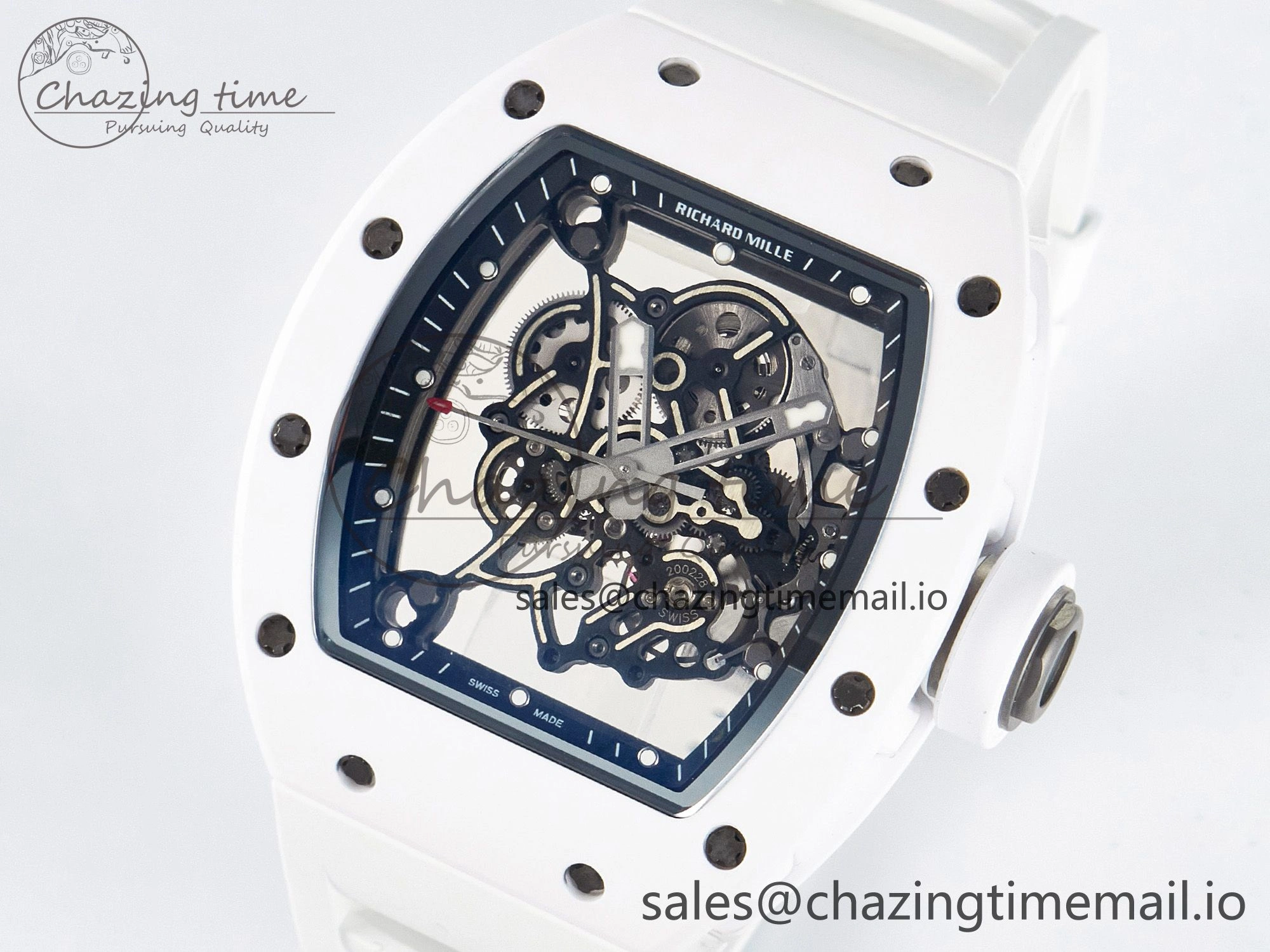 Custom RM055 White Ceramic APSF 1:1 Best Edition Black Bezel White Crown on Rubber Strap Custom Vaucher Movement