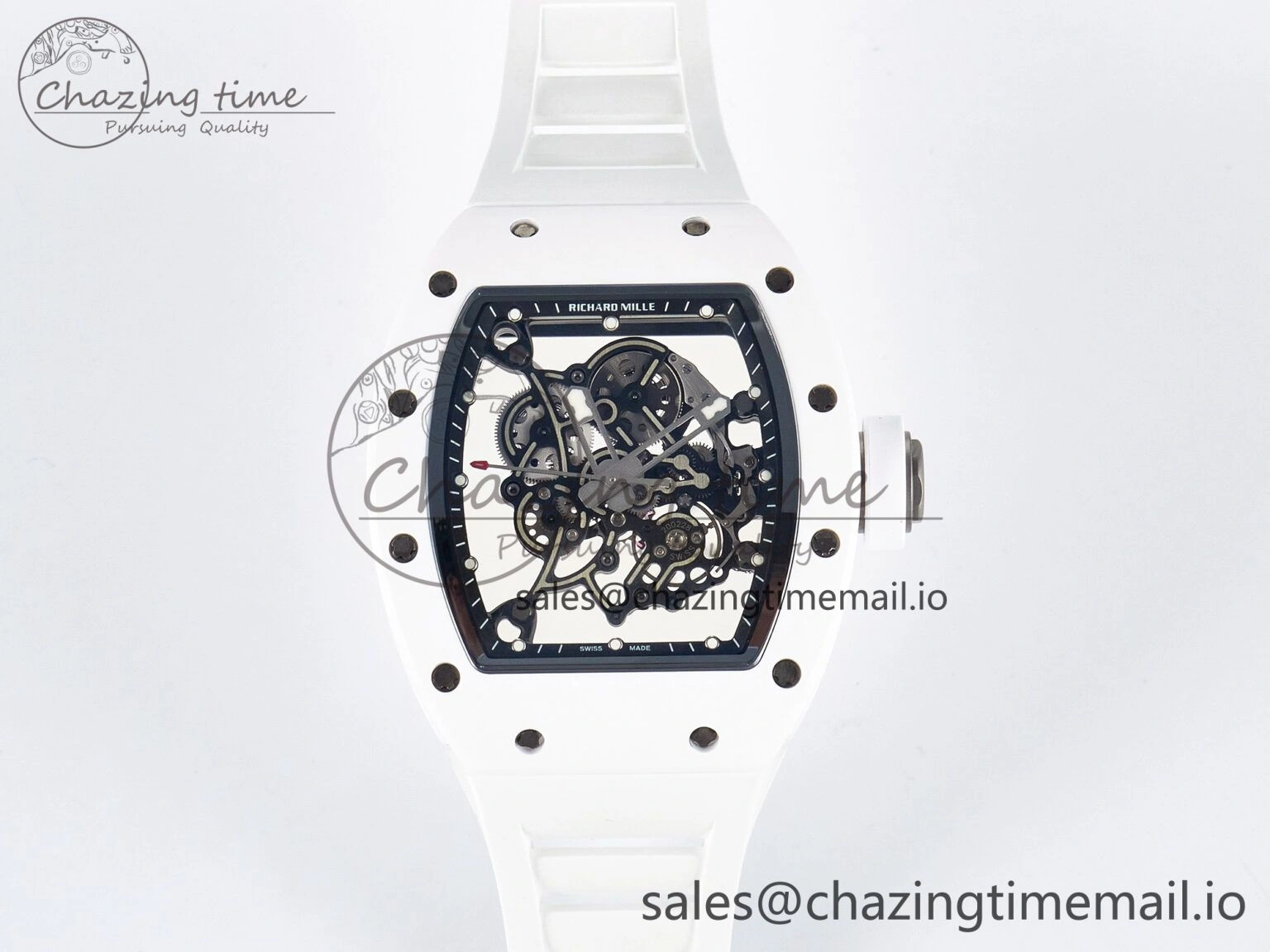 Custom RM055 White Ceramic APSF 1:1 Best Edition Black Bezel White Crown on Rubber Strap Custom Vaucher Movement