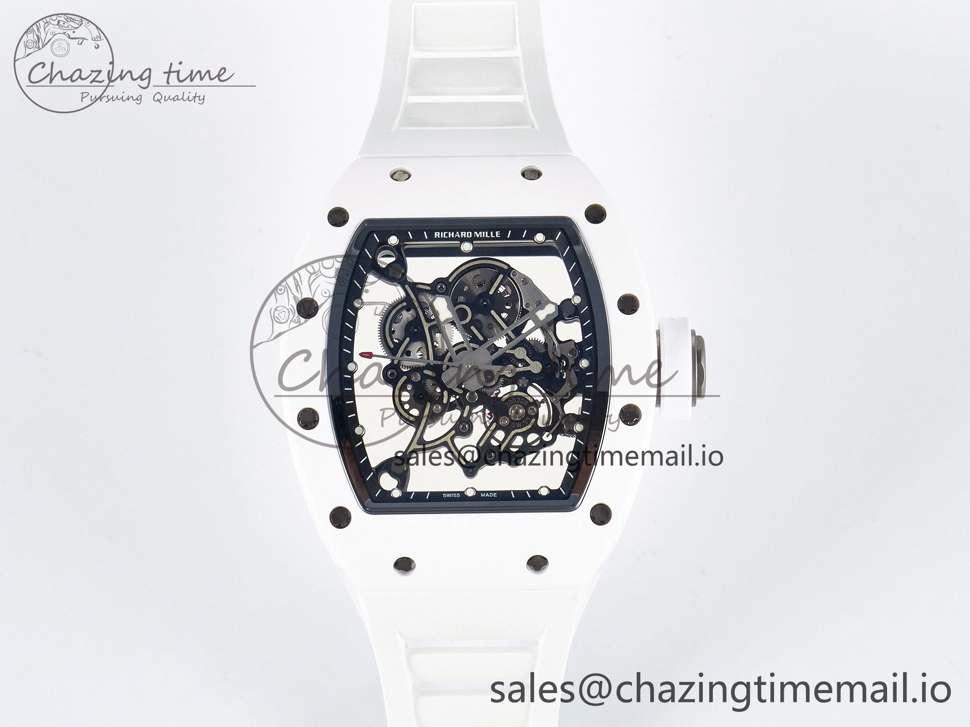 Custom RM055 White Ceramic APSF 1:1 Best Edition Black Bezel White Crown on Rubber Strap Custom Vaucher Movement