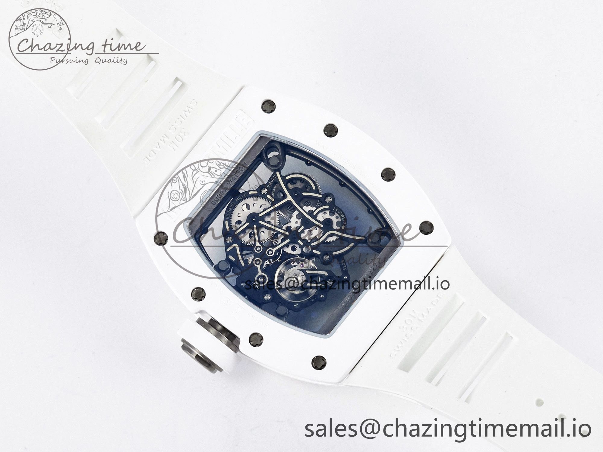 Custom RM055 White Ceramic APSF 1:1 Best Edition Black Bezel White Crown on Rubber Strap Custom Vaucher Movement