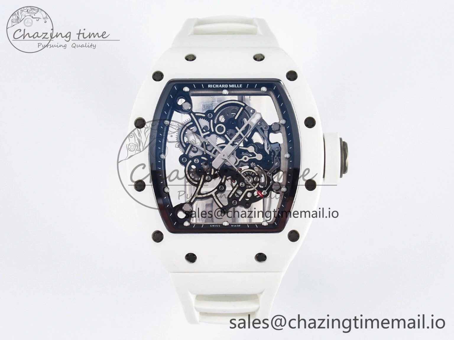 Custom RM055 White Ceramic PPMF 1:1 Best Edition Black Bezel White Crown on Rubber Strap Custom Vaucher Movement
