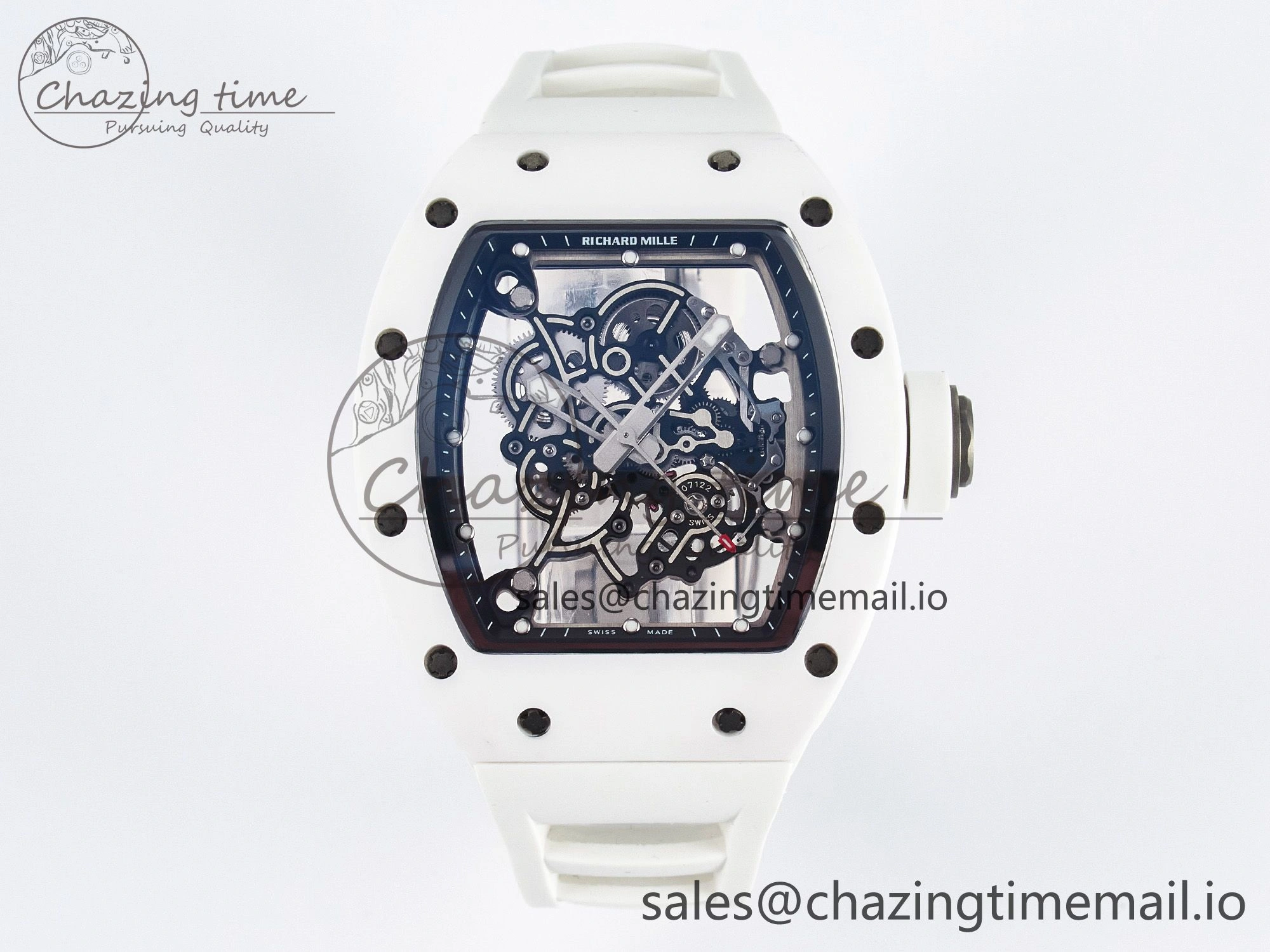 Custom RM055 White Ceramic PPMF 1:1 Best Edition Black Bezel White Crown on Rubber Strap Custom Vaucher Movement