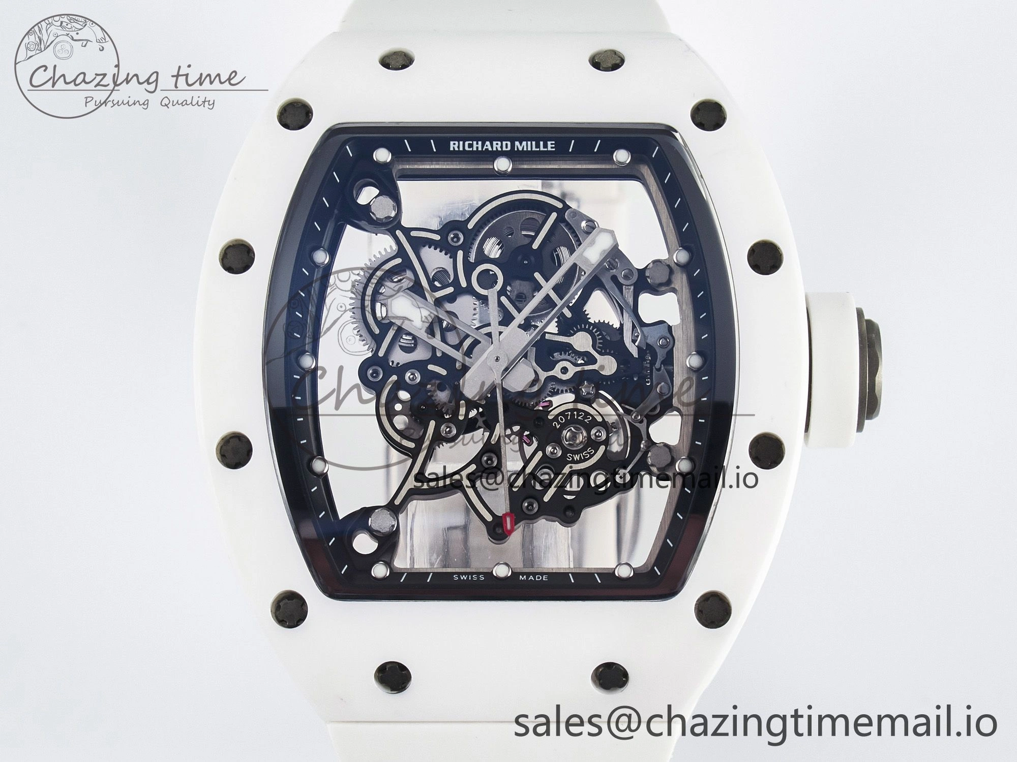 Custom RM055 White Ceramic PPMF 1:1 Best Edition Black Bezel White Crown on Rubber Strap Custom Vaucher Movement