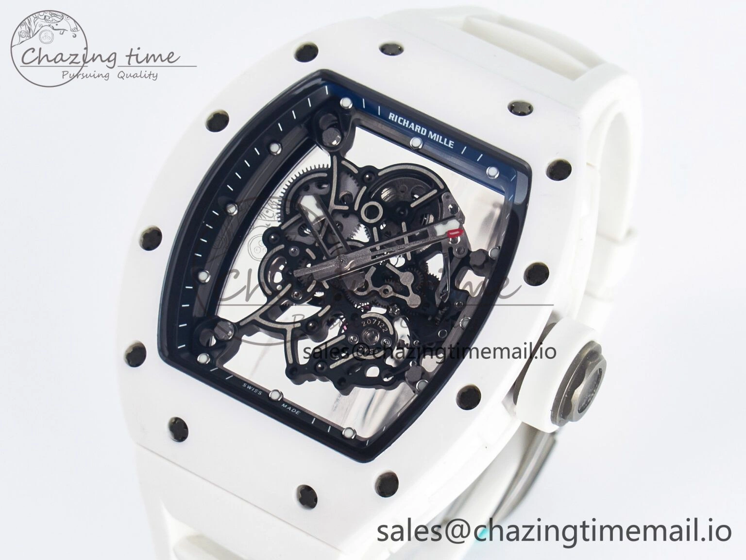Custom RM055 White Ceramic PPMF 1:1 Best Edition Black Bezel White Crown on Rubber Strap Custom Vaucher Movement