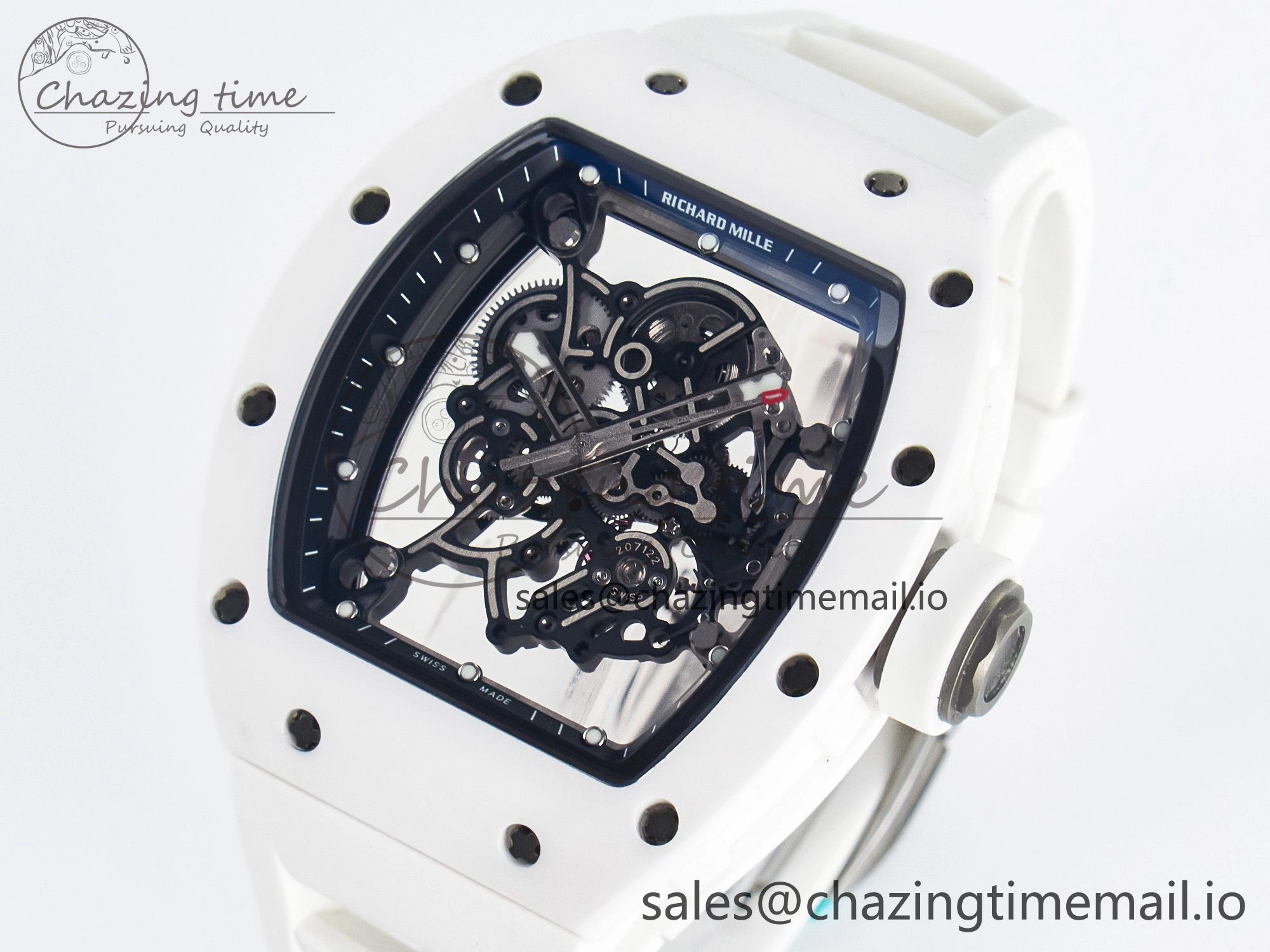 Custom RM055 White Ceramic PPMF 1:1 Best Edition Black Bezel White Crown on Rubber Strap Custom Vaucher Movement