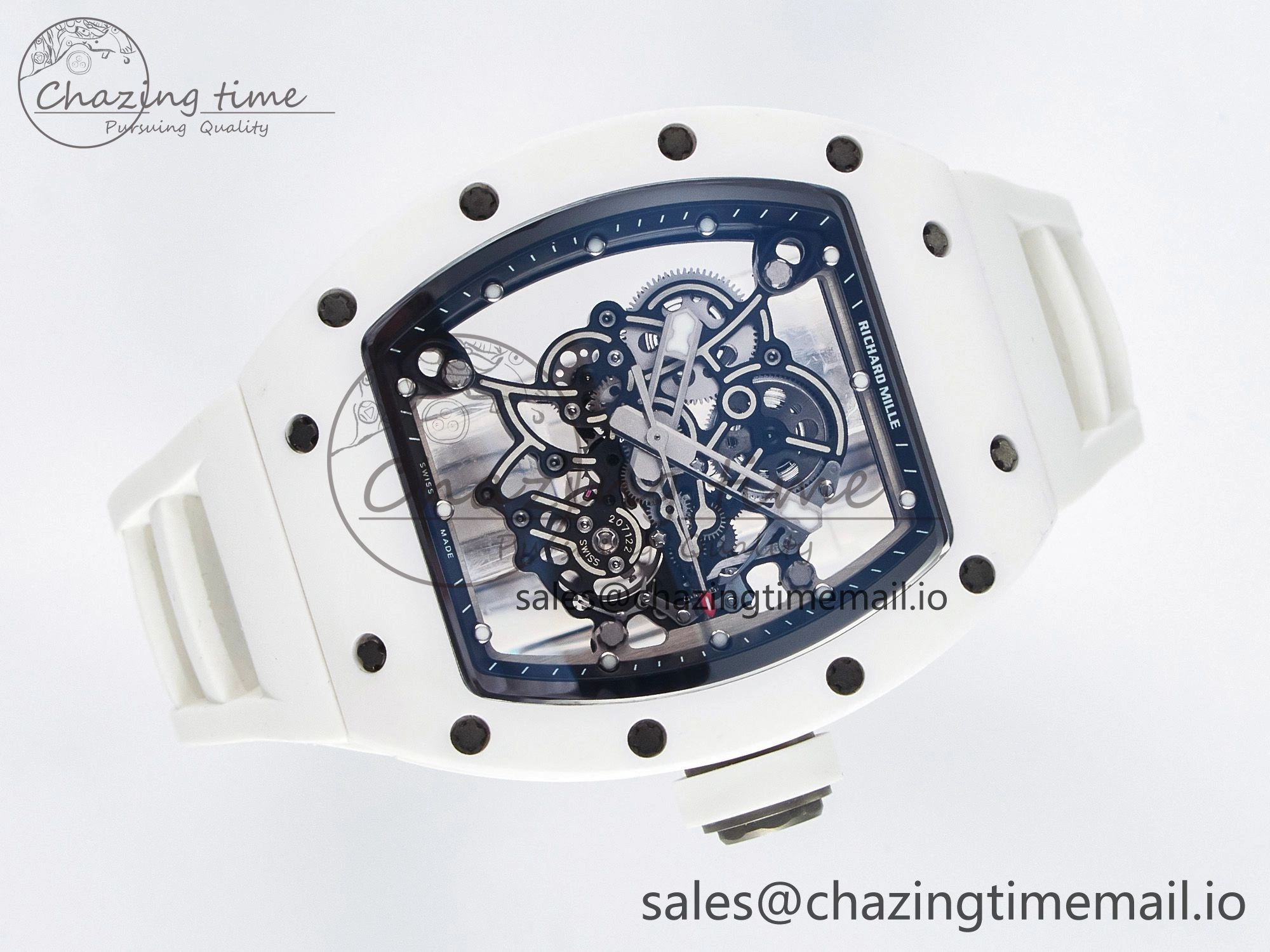 Custom RM055 White Ceramic PPMF 1:1 Best Edition Black Bezel White Crown on Rubber Strap Custom Vaucher Movement