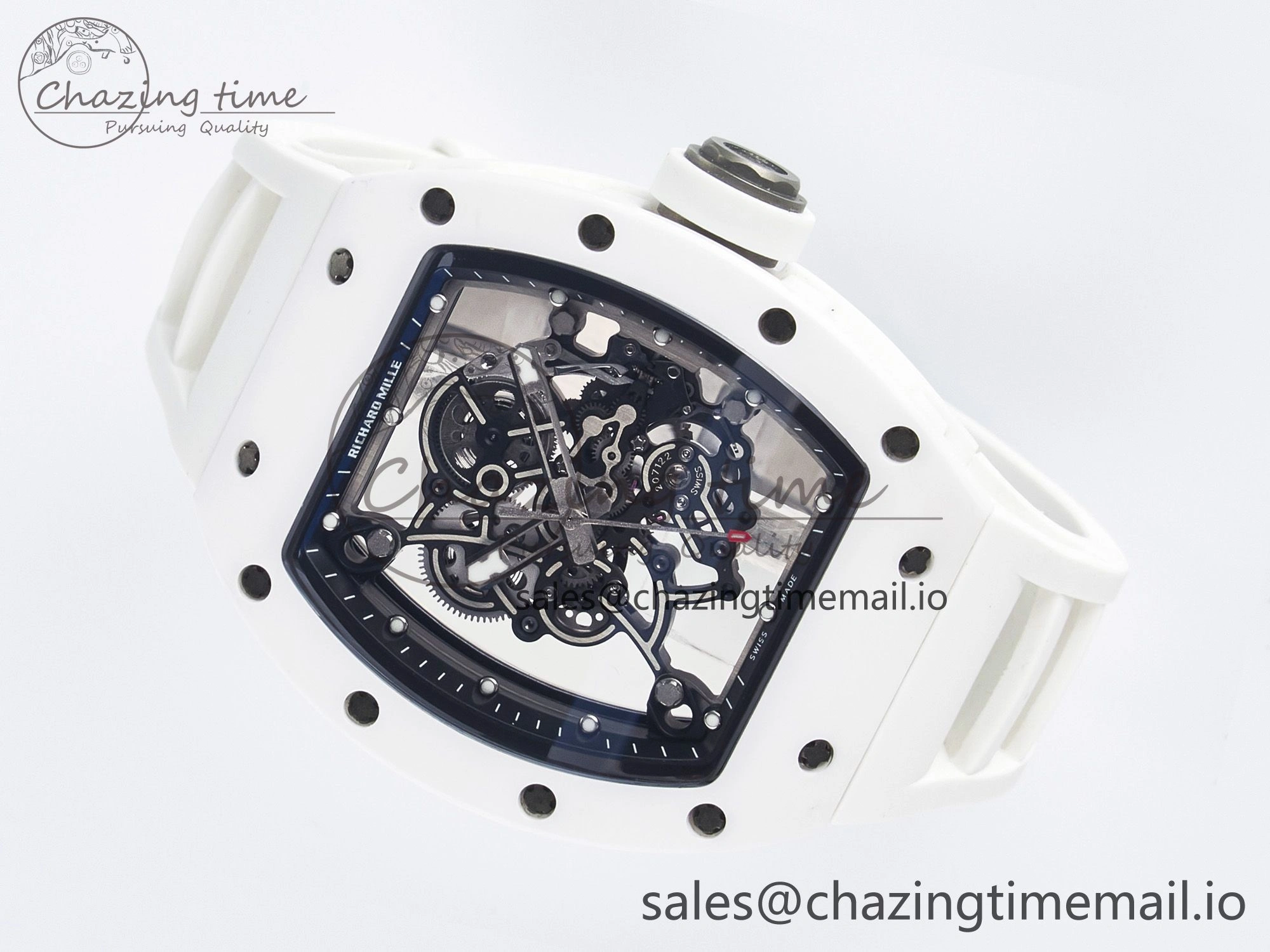 Custom RM055 White Ceramic PPMF 1:1 Best Edition Black Bezel White Crown on Rubber Strap Custom Vaucher Movement
