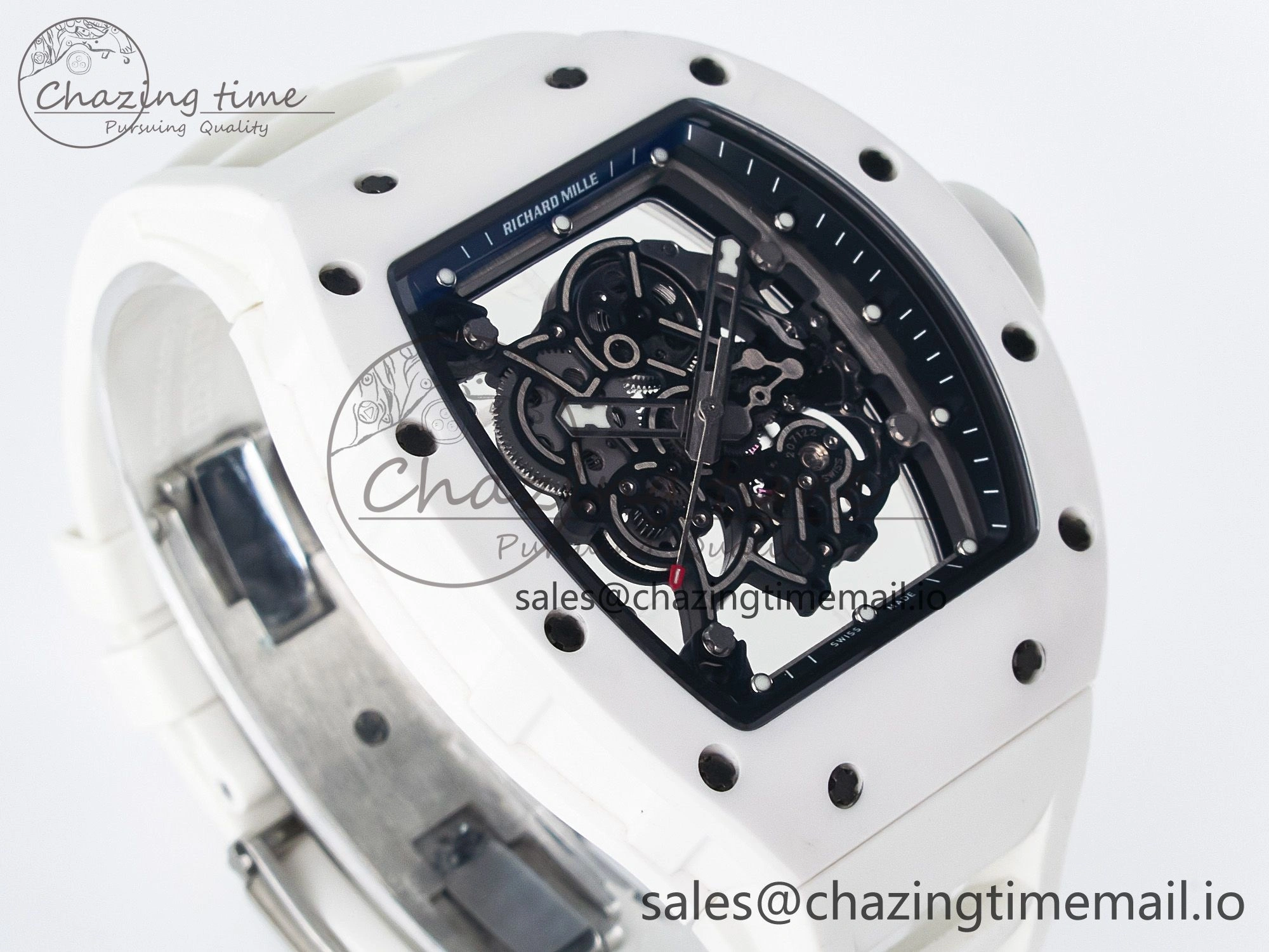 Custom RM055 White Ceramic PPMF 1:1 Best Edition Black Bezel White Crown on Rubber Strap Custom Vaucher Movement