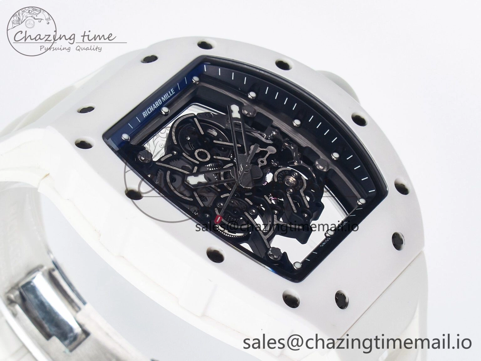 Custom RM055 White Ceramic PPMF 1:1 Best Edition Black Bezel White Crown on Rubber Strap Custom Vaucher Movement