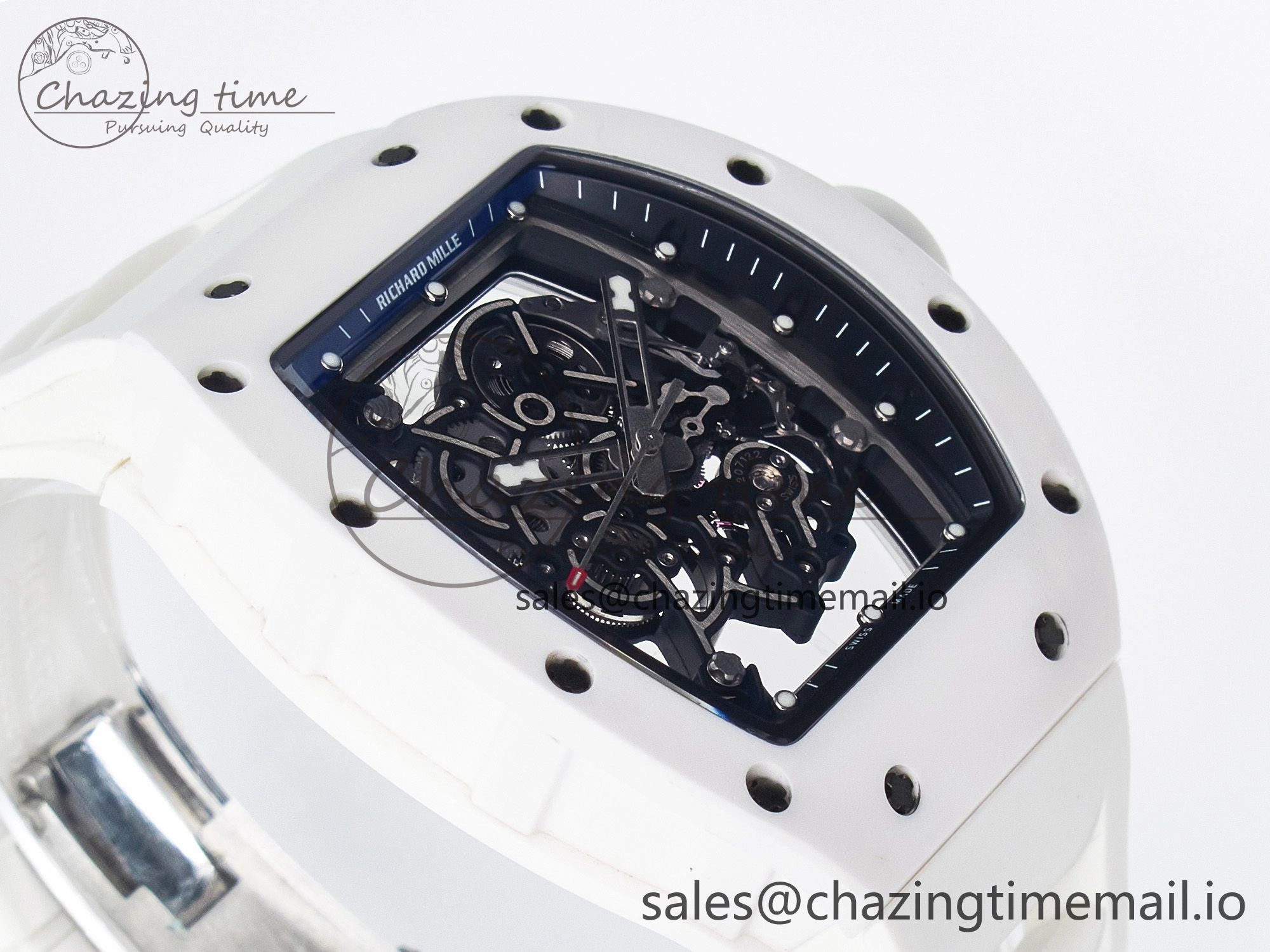 Custom RM055 White Ceramic PPMF 1:1 Best Edition Black Bezel White Crown on Rubber Strap Custom Vaucher Movement