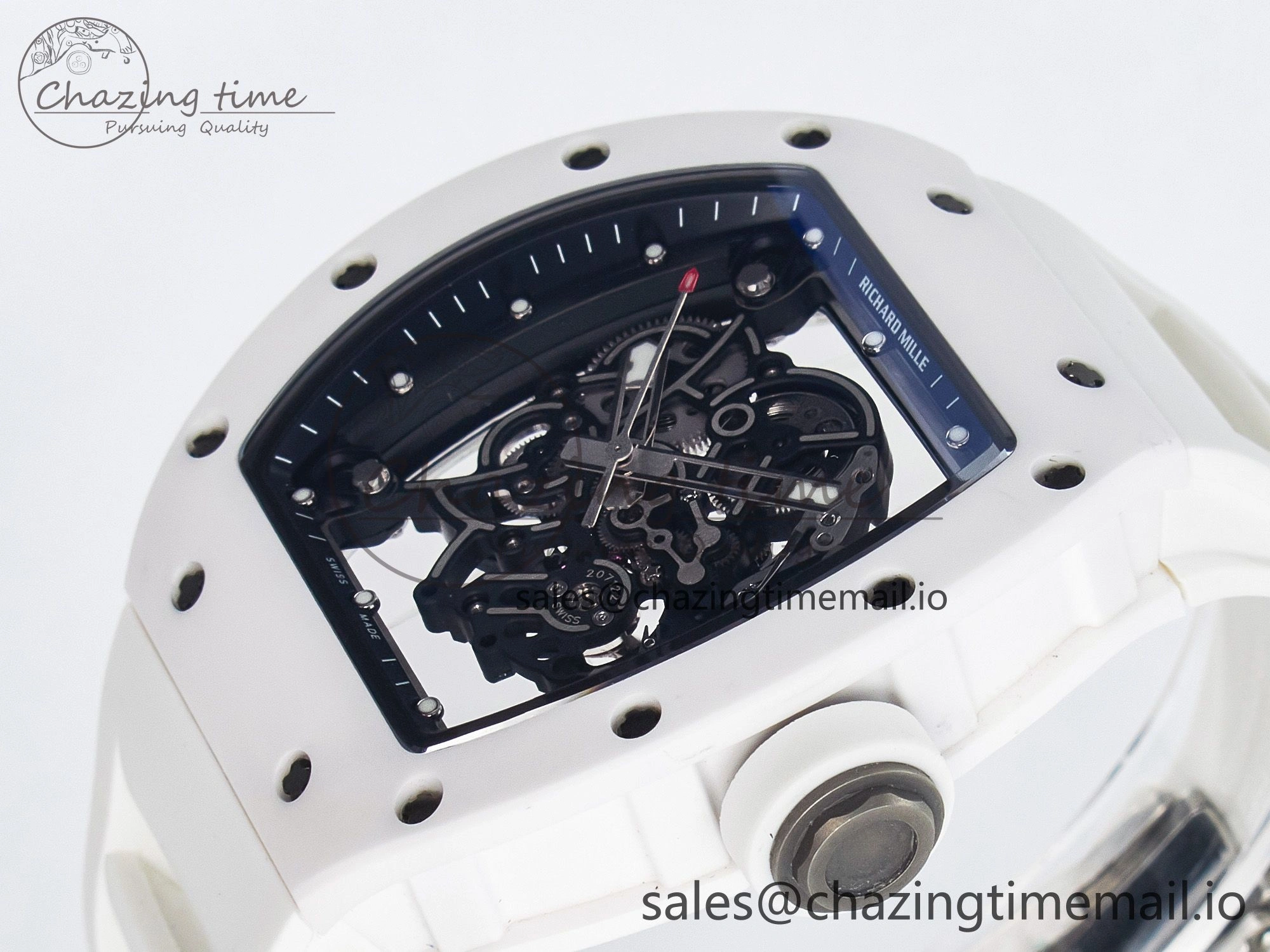 Custom RM055 White Ceramic PPMF 1:1 Best Edition Black Bezel White Crown on Rubber Strap Custom Vaucher Movement